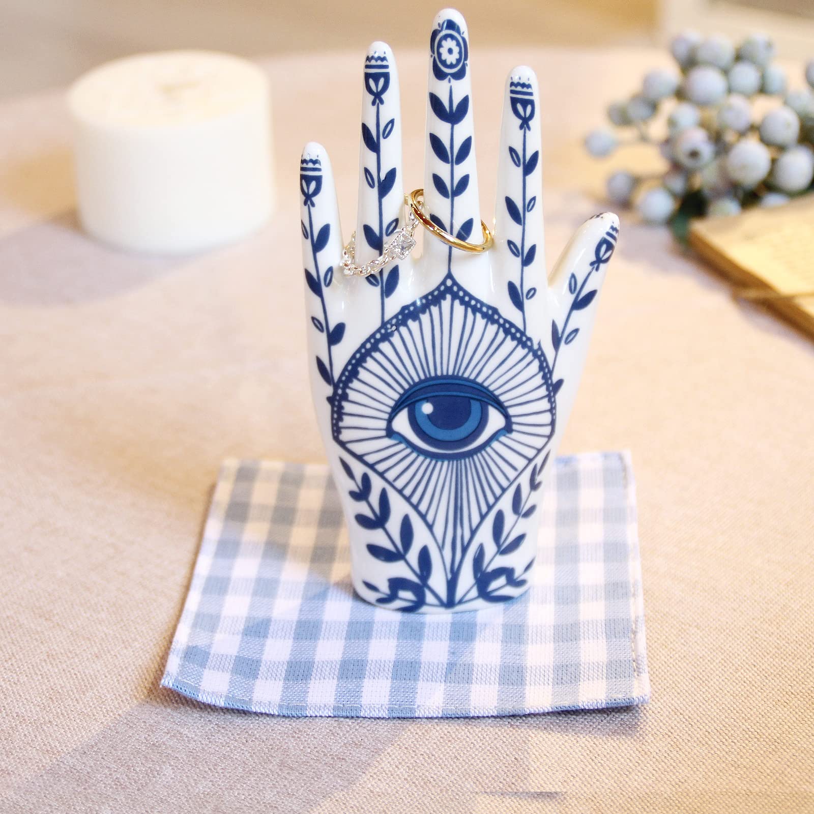 Hamsa Hand Ring Holder with Blue Evil Eye - Boho Decor Ring Stand & Organizer for Bathroom, Bedroom, Vanity - Aesthetic Room Decor, Preppy Home Gifts for Women - Perfect for Yoga Studios, Meditation Spaces & Spiritual Decor