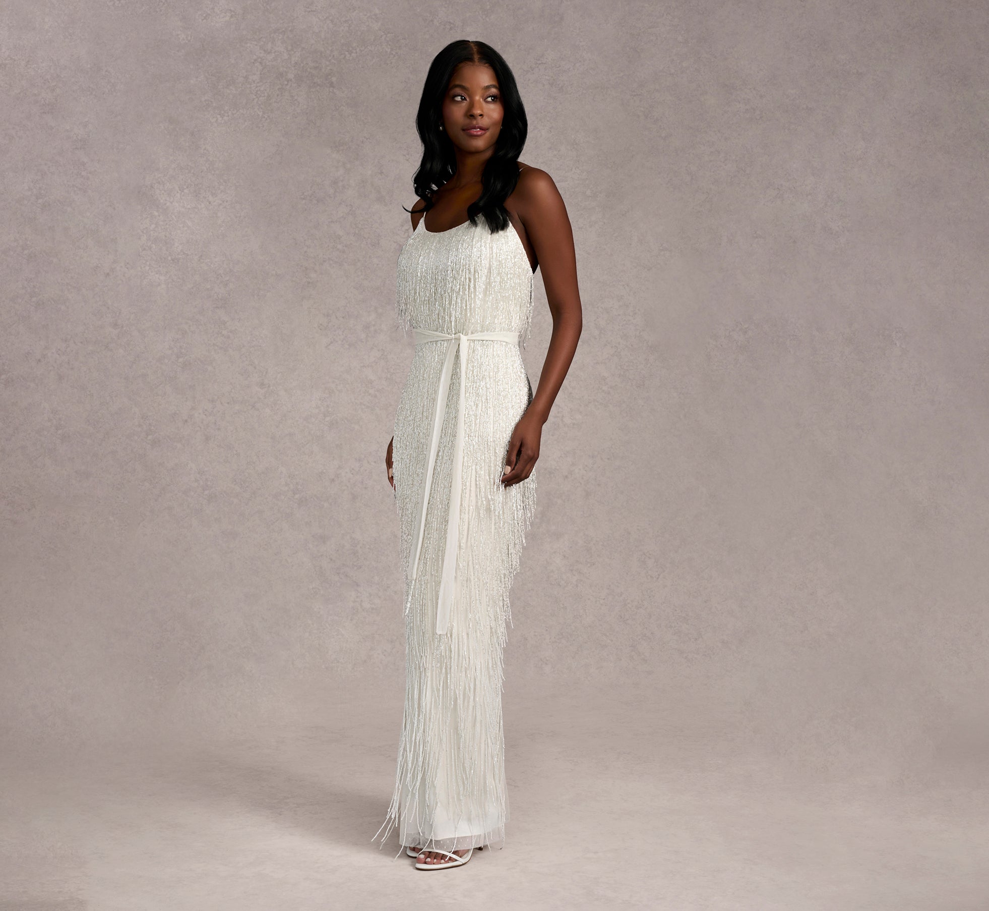 Elegant Beaded Fringe Column Dress in Ivory - Perfect for Weddings, Parties & Special Occasions