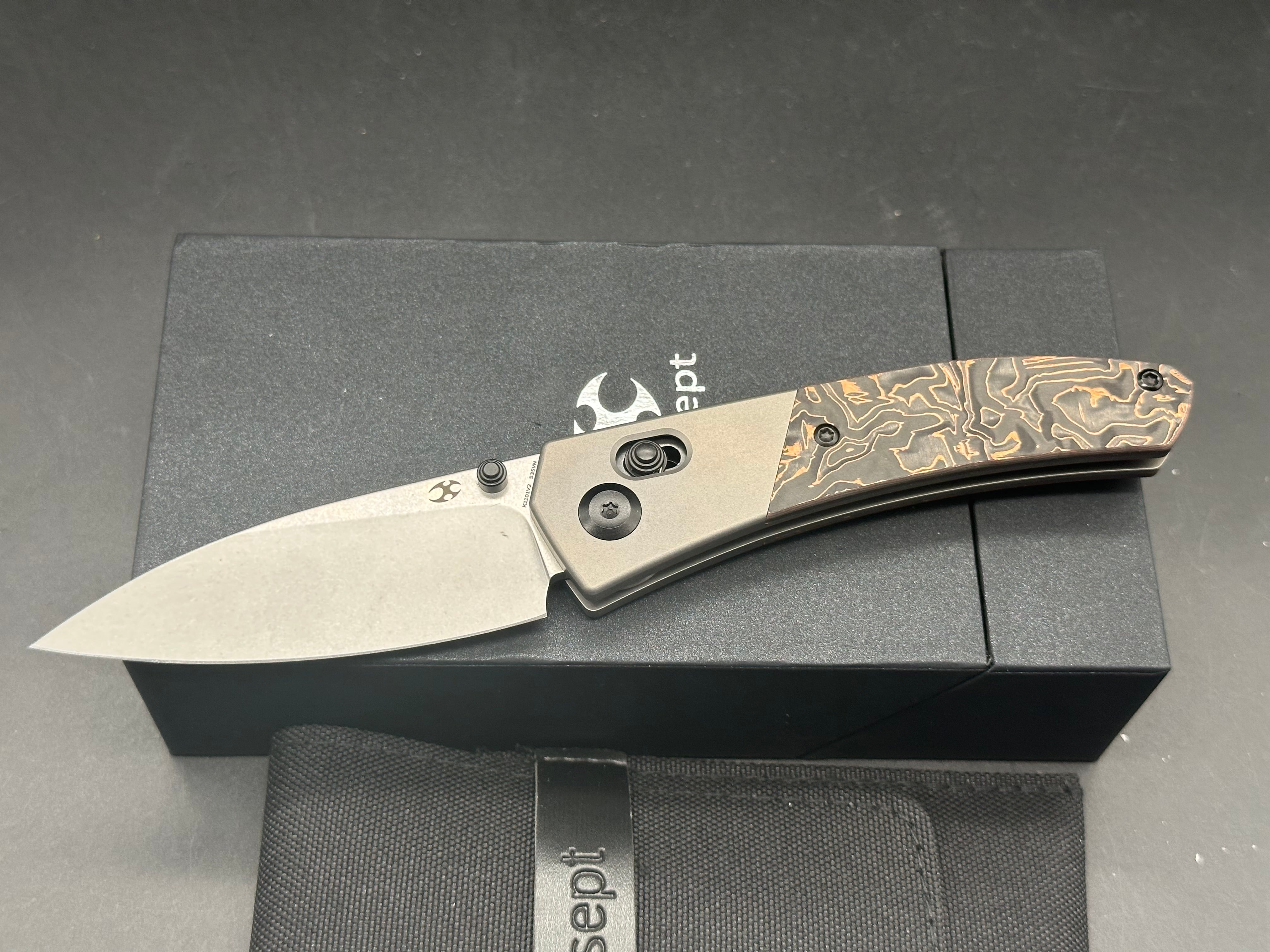 Premium KANSEPT DAKO Titanium/Copper Folding Knife with Carbon Fiber Handle - S35VN Steel Plain Edge, Stonewash Finish - Perfect for EDC, Outdoor Adventures & Camping