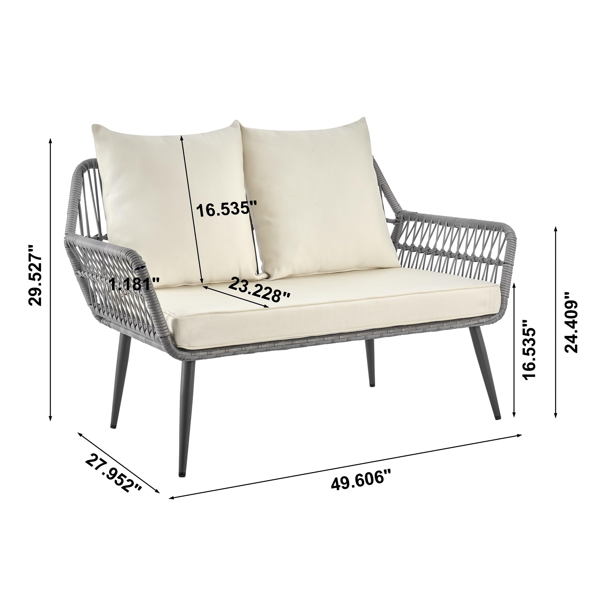Portofino 4-Piece Outdoor Patio Set with Waterproof Cushions - Rope Wicker Conversation Set Includes 2 Armchairs, Loveseat & Tempered Glass Coffee Table - Cream - Perfect for Backyard, Garden, Poolside or Terrace Relaxation