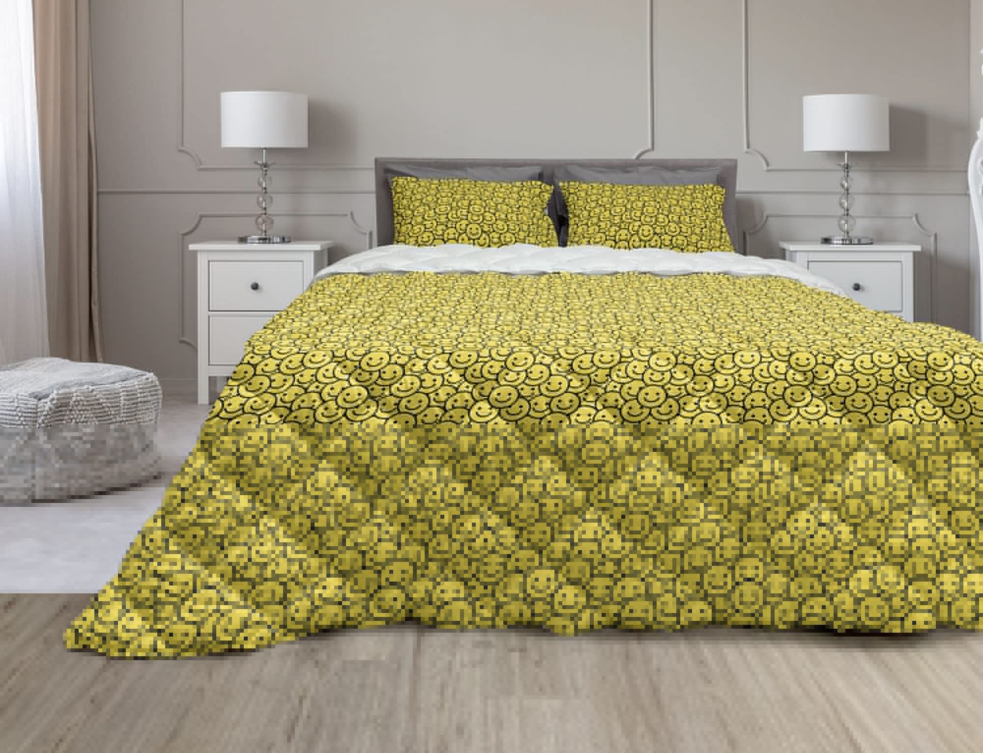 Ambesonne Black and Yellow Comforter Set - 3 Piece King Size Duvet Cover with Microfiber Filling, Cheerful Cartoon Smiley Faces Design for Bedroom Decor | Perfect for Kids' Rooms, Guest Bedrooms & Dorm Rooms