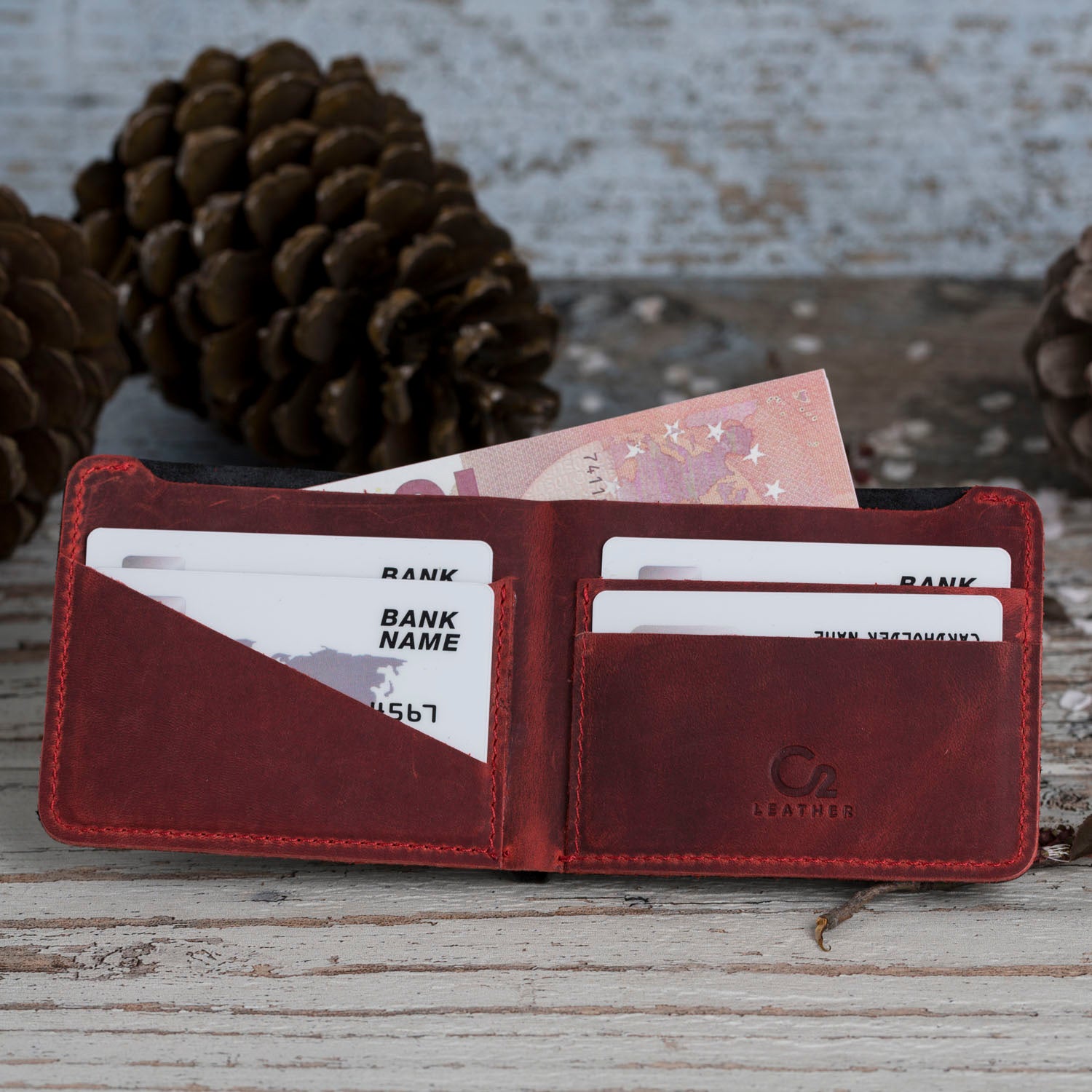 Slim Leather Wallet for Men - Red & Black RFID Blocking Minimalist Bifold Wallet - Perfect for Travel, Business & Everyday Use