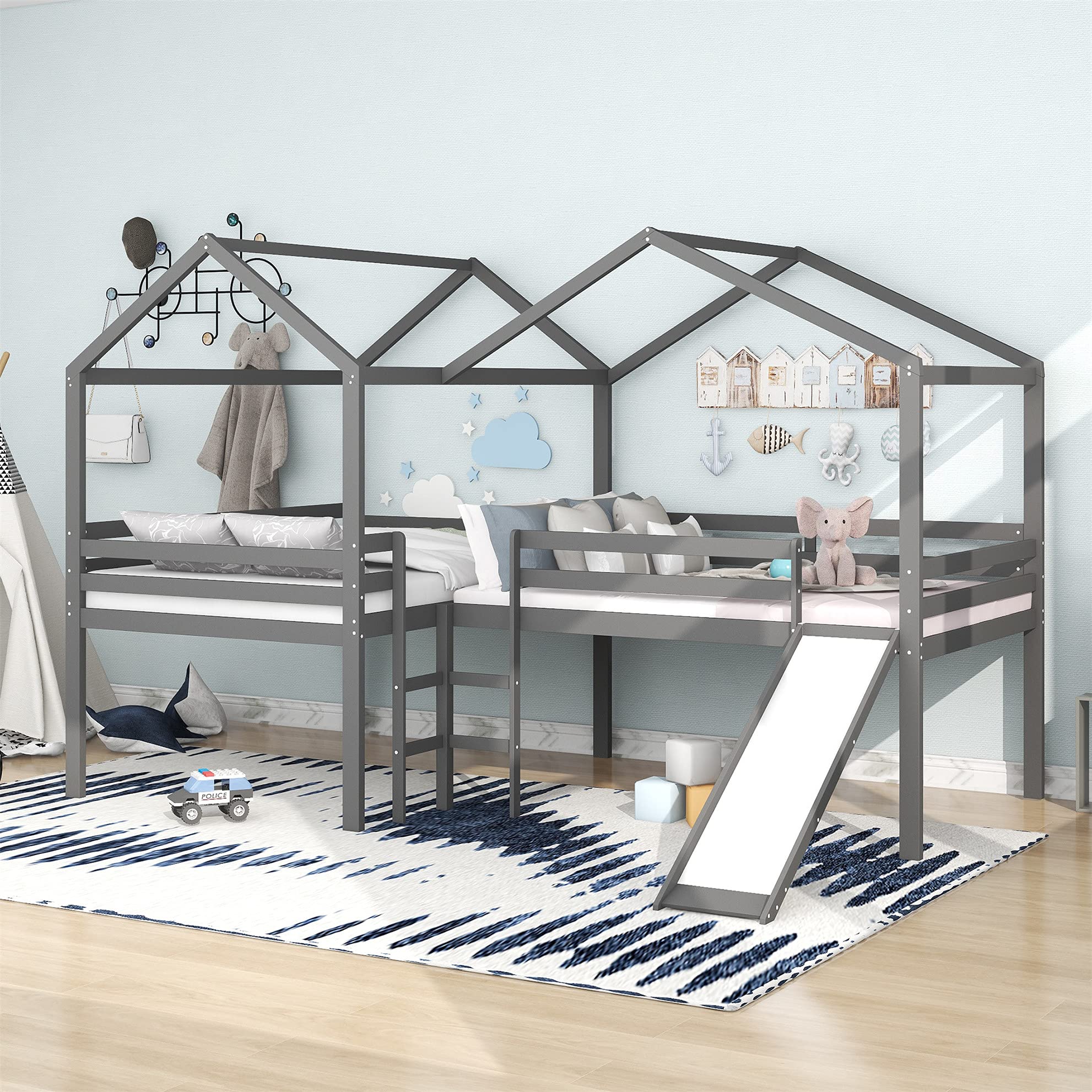 L-Shaped Full Loft Bed with Slide - Wooden Low Bunk Bed for 2 Kids - Twin House Bed for Girls & Boys (Gray) - Space-Saving Kids Bedroom Furniture for Small Rooms & Shared Spaces