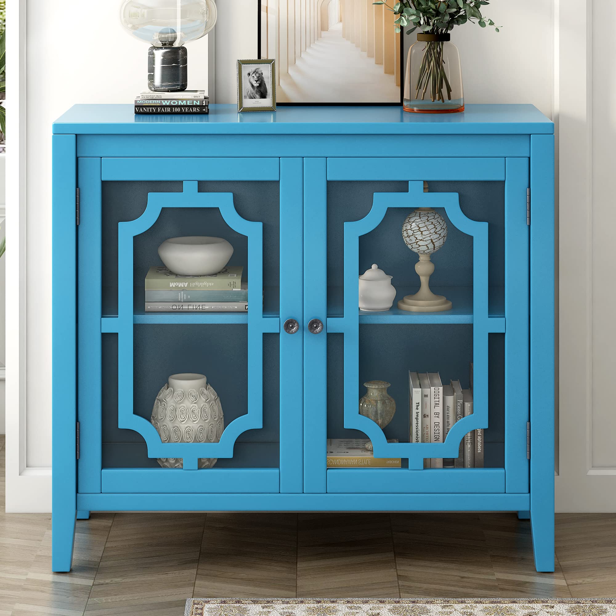 P PURLOVE French Style Accent Storage Cabinet with Glass Door & Adjustable Shelves - Entryway, Kitchen, Dining Room & Living Room Storage Solution for Home Organization & Display