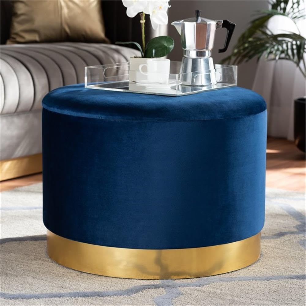 BOWERY HILL Navy Blue Velvet Upholstered Storage Ottoman with Gold Finish - Luxurious Footrest, Coffee Table & Extra Seating for Living Room, Bedroom or Office