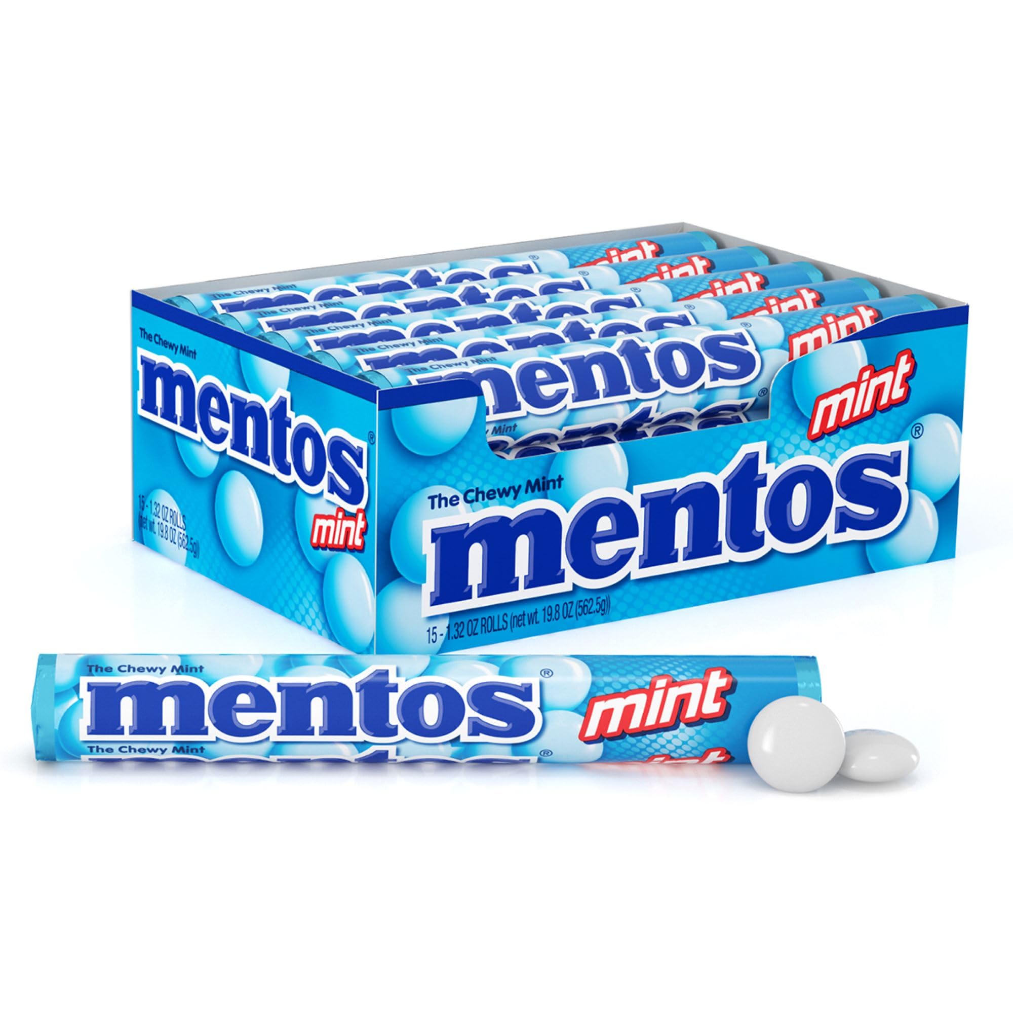 Mentos Chewy Mint Candy Rolls - Fresh Mint Flavor, 1.32oz (15 Rolls) - Perfect for Office Snacks, Travel & On-the-Go Refreshment