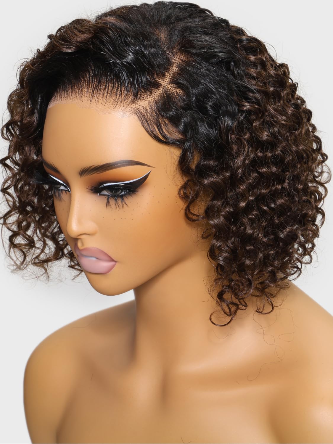 UNICE 8 Inch Short Curly Bob Wig - 100% Human Hair Glueless Wig with Bye Bye Knots, Pre Plucked & Bleached Knots, 7x5 Lace Closure - Ombre Brown Ready-to-Wear Bob Wig for Daily Wear, Cosplay & Special Occasions