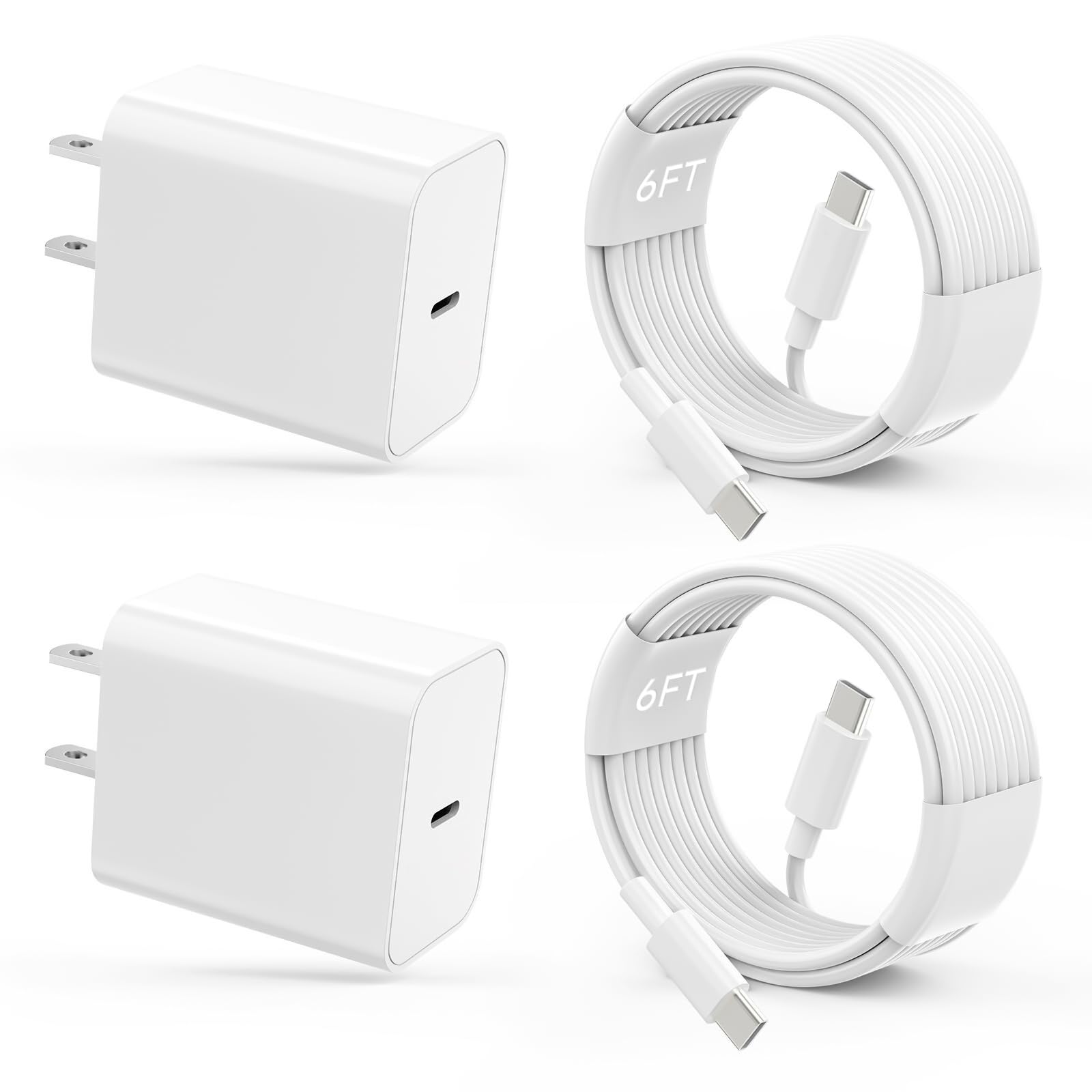 Fast Charging USB C Charger Block & 2-Pack 6FT USB C Cable for iPhone 16/15 Series, iPad Pro & AirPods - Quick Charge Power Adapter for Home, Office & Travel
