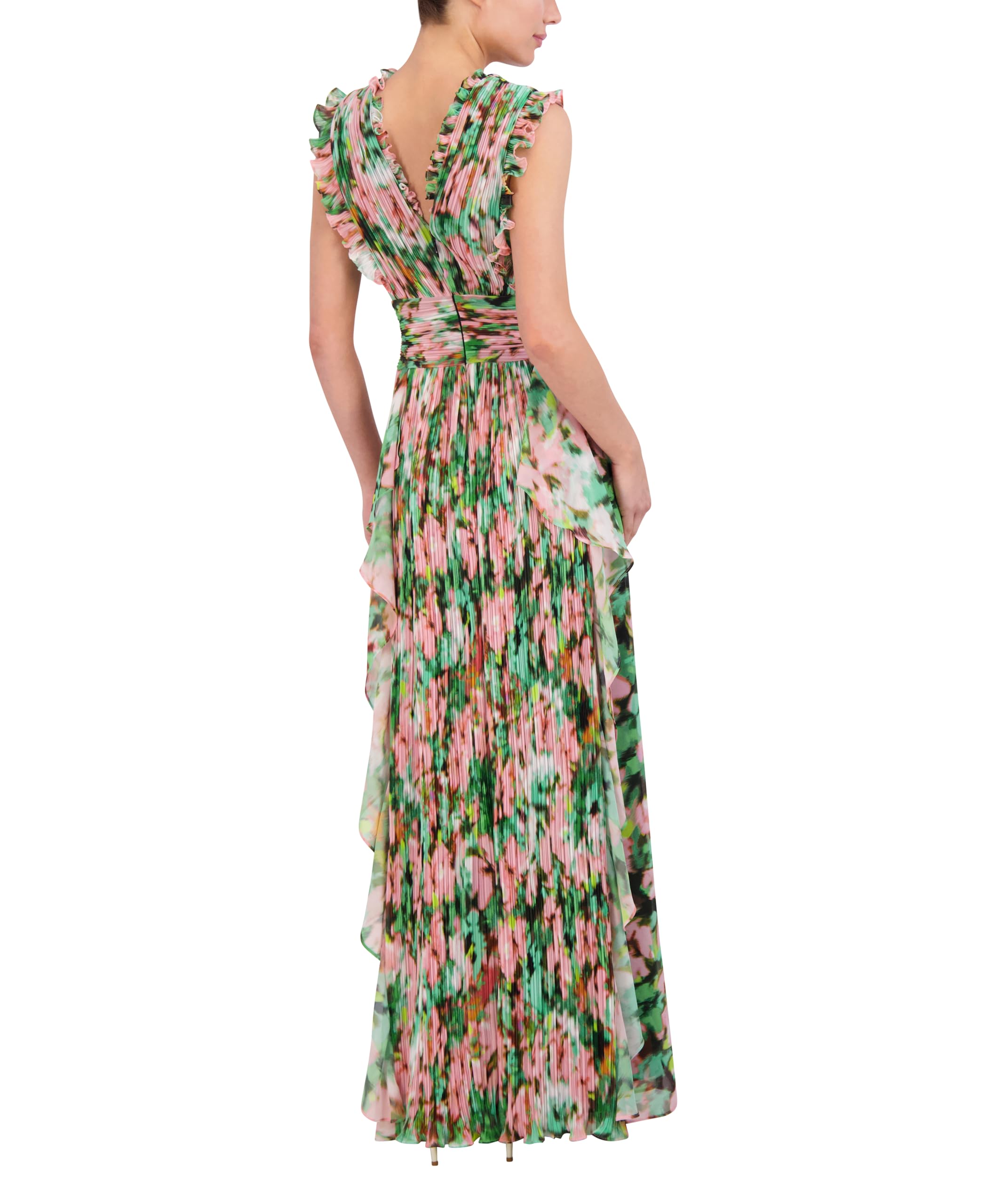 BCBGMAXAZRIA Women's Sleeveless V-Neck Pleated Ruffle Maxi Dress - Elegant Formal Gown for Weddings, Galas & Special Occasions