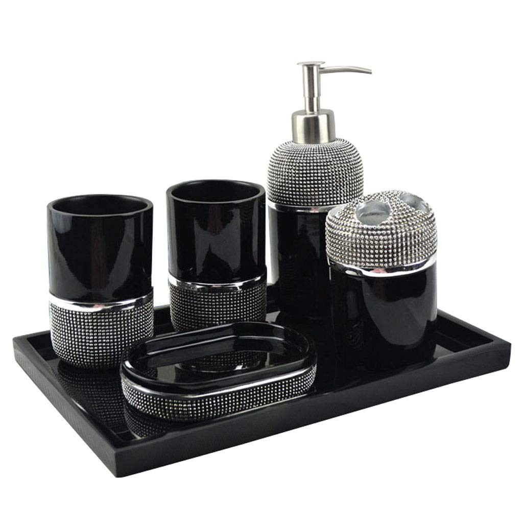 Modern Resin Bathroom Accessories Set - 6pcs Black Soap Dispenser, Toothbrush Holder, Gargle Cup & Soap Dish - Elegant Wedding Gift & Bathroom Decor for Home, Hotel & Spa
