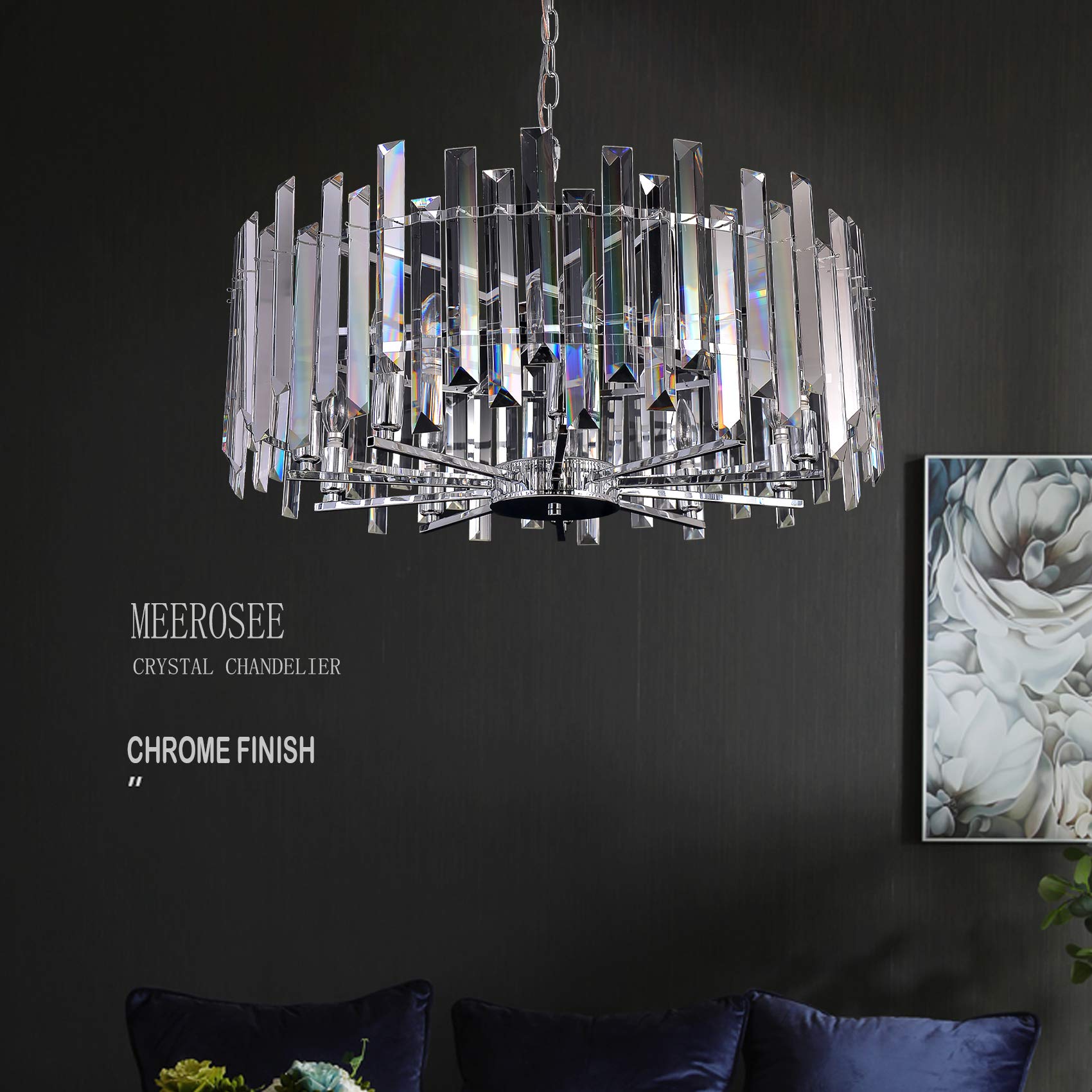 Modern Crystal Chandelier Lighting - Chrome Pendant Ceiling Light Fixture - Contemporary Island Chandelier with Dimmable Function (D27.56) for Living Room, Dining Room, Bedroom & Foyer - Perfect for Home Decor, Wedding Venues and Luxury Interior Design