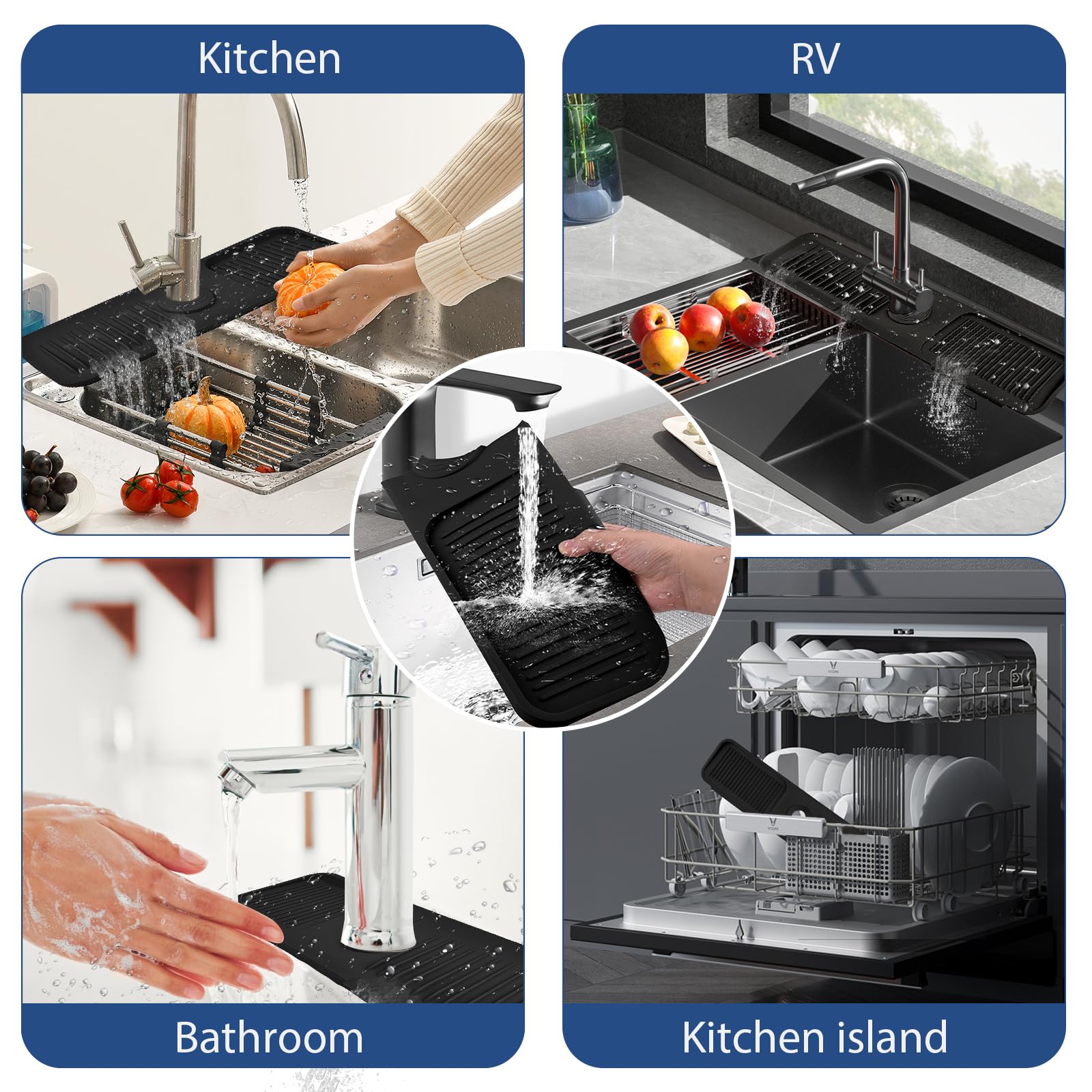 Non-Slip Silicone Faucet Mat for Kitchen Sink - Dish Soap & Sponge Holder - Splash Guard Drying Mat for Countertops - Perfect for Kitchen, Bathroom & RV Use