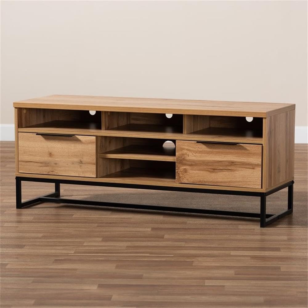 BOWERY HILL Industrial Wood Metal 2-Drawer TV Stand Console Entertainment Center - Black Oak Finish for Living Room, Bedroom & Home Theater