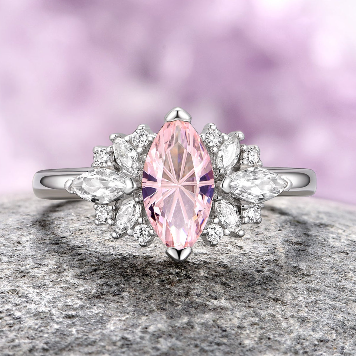 Exquisite 14K White Gold Marquise Cut Morganite Engagement Ring for Women - Perfect for Proposals, Anniversaries & Special Occasions