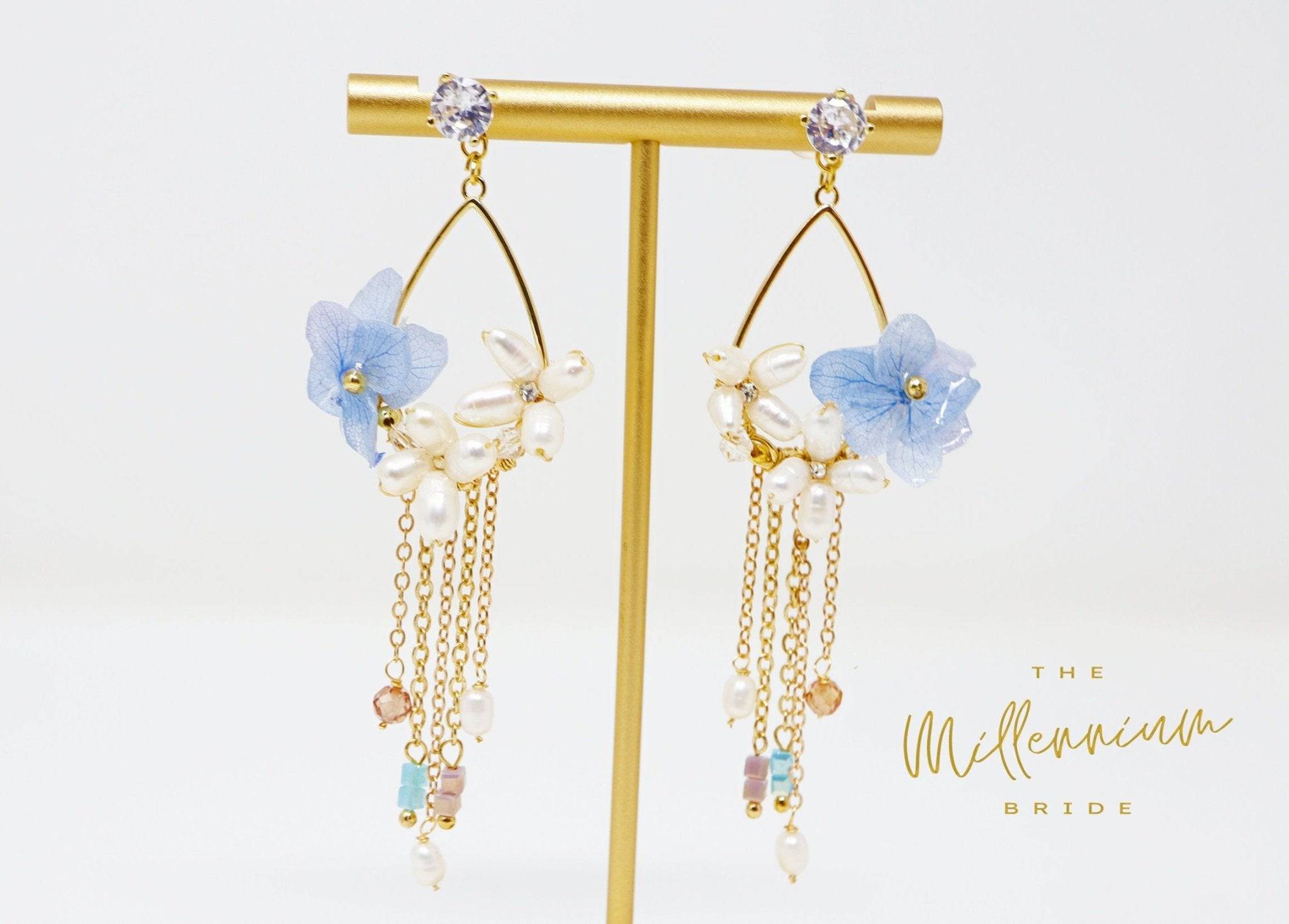 Blue White Freshwater Pearl Crystal Earrings – Elegant Bridal Jewelry with CZ Stones | Perfect for Weddings, Prom & Special Occasions