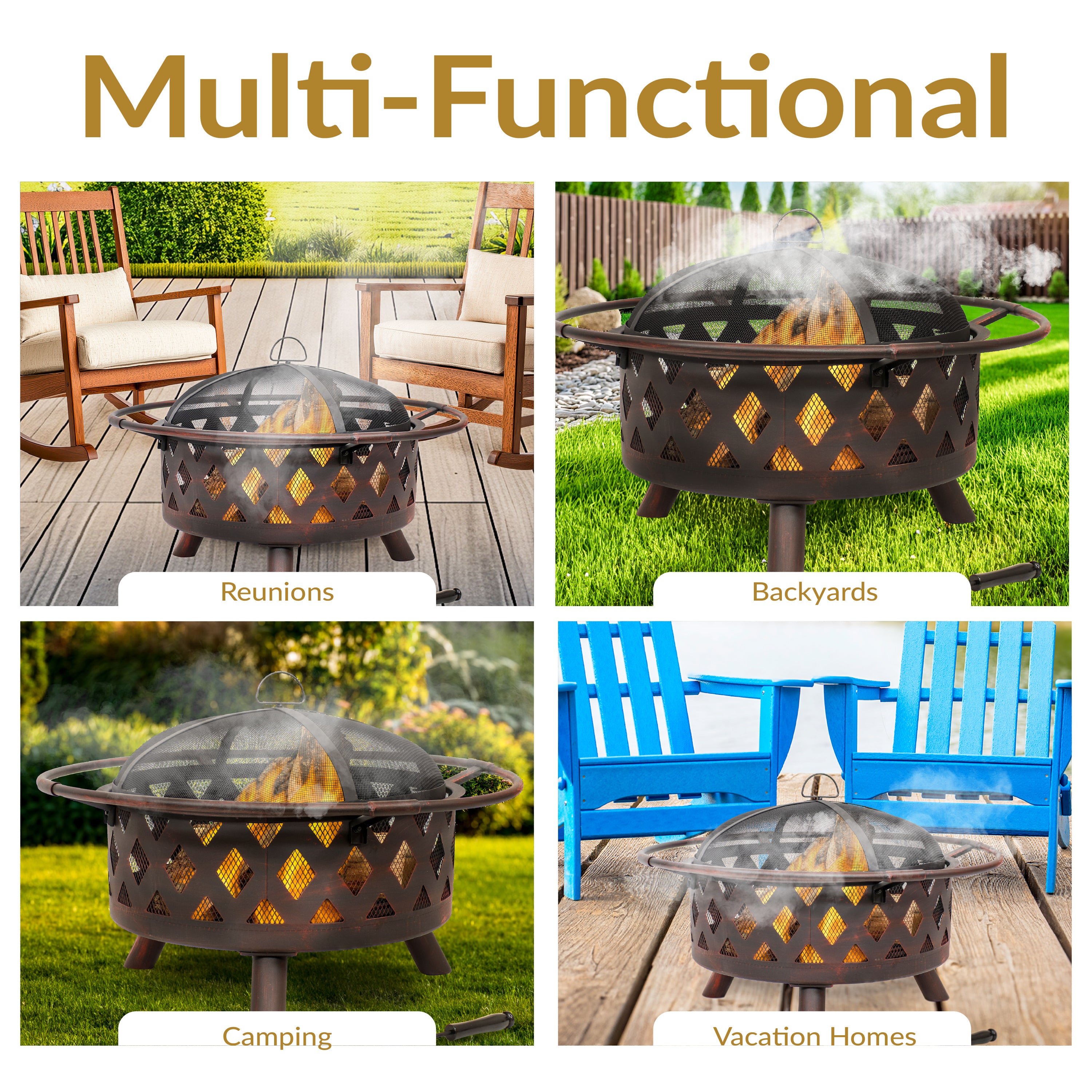 Sunnydaze Bronze Crossweave Outdoor Fire Pit with Spark Screen & Poker - Heavy Duty Steel Wood Burning Firepit for Backyard, Patio, Camping & Bonfires