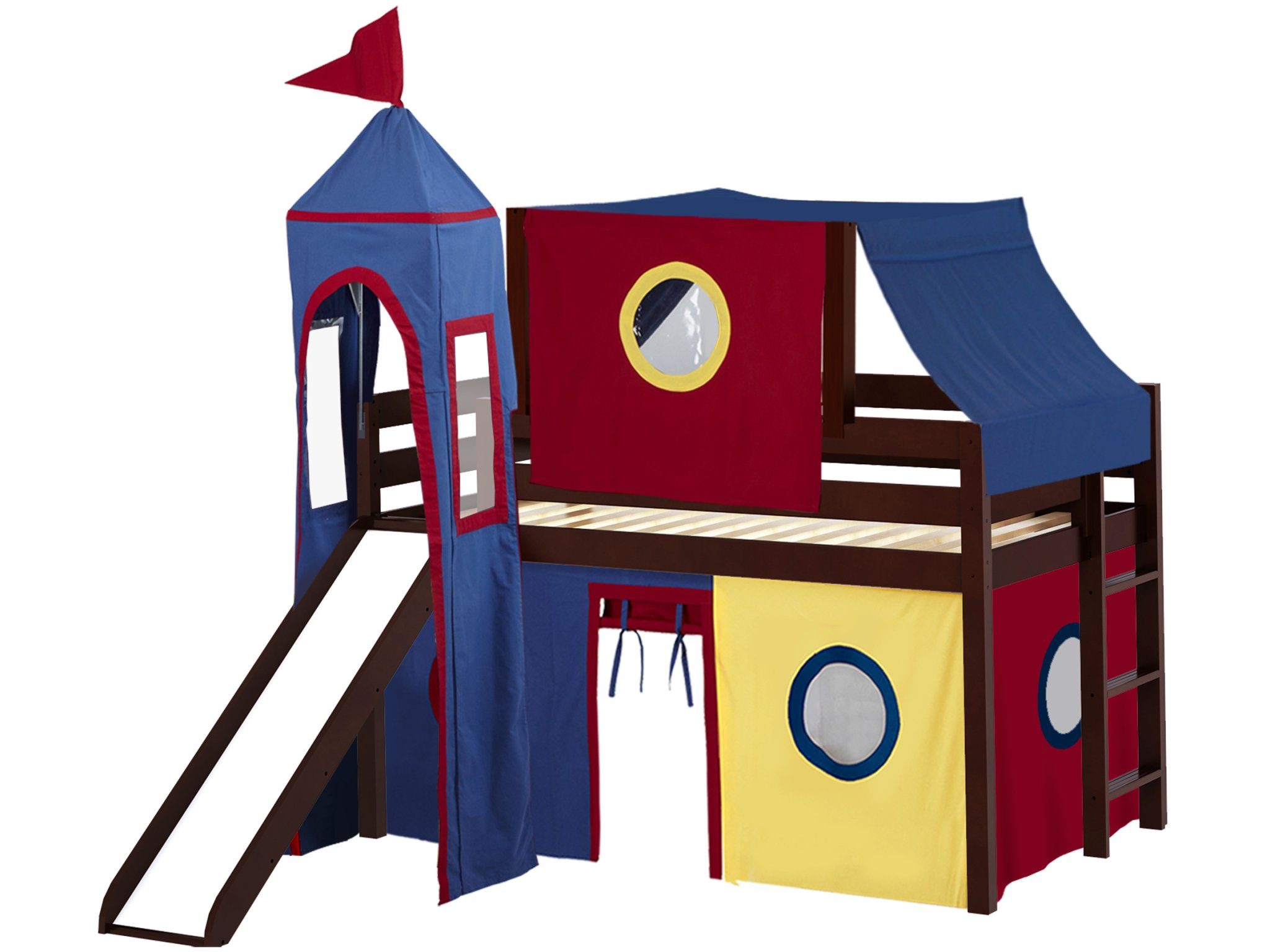 Castle Twin Low Loft Bed with Slide & Play Tent - Cherry Wood Finish in Red, Blue, Yellow | Kids Bedroom Furniture for Small Spaces & Playrooms