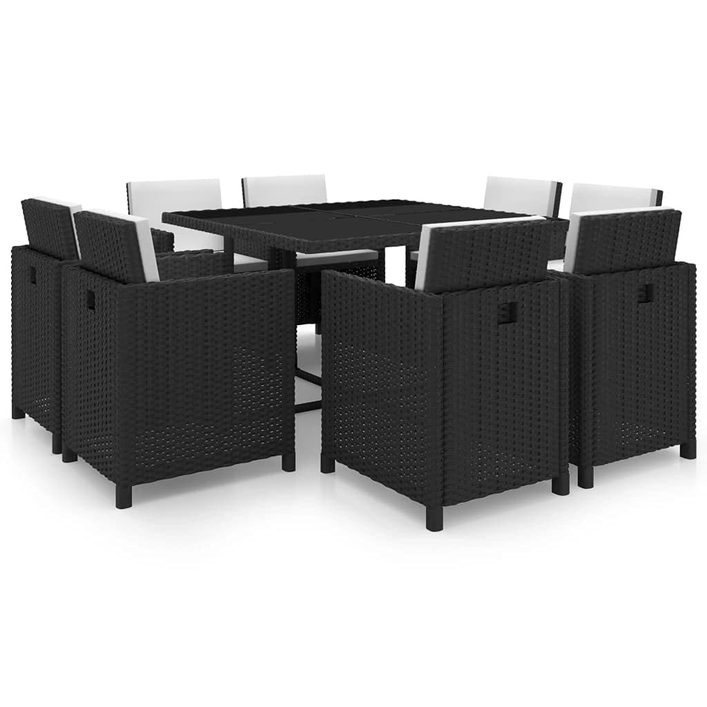 9-Piece Outdoor Dining Set with Cushions - Black Poly Rattan Patio Furniture Set with Coffee Table & Sofa - Weather-Resistant Wicker Conversation Set for Garden, Backyard, Poolside or Terrace