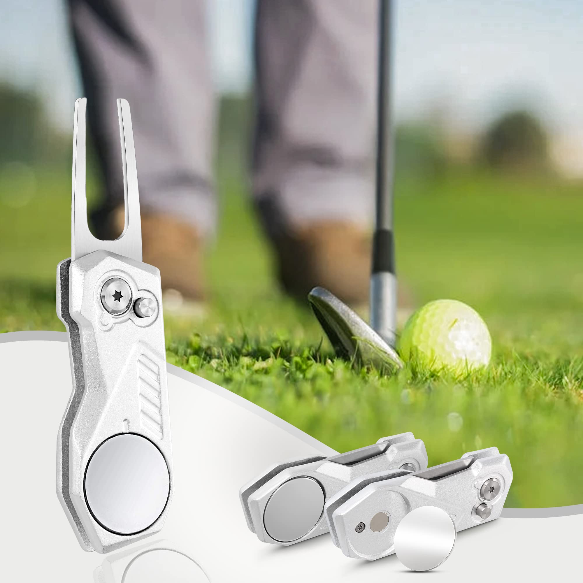 Premium All-Metal Foldable Golf Divot Repair Tool with Magnetic Ball Marker | Pop-Up Button Design | Durable Golf Accessories for Men | Perfect for Course Play & Practice Sessions