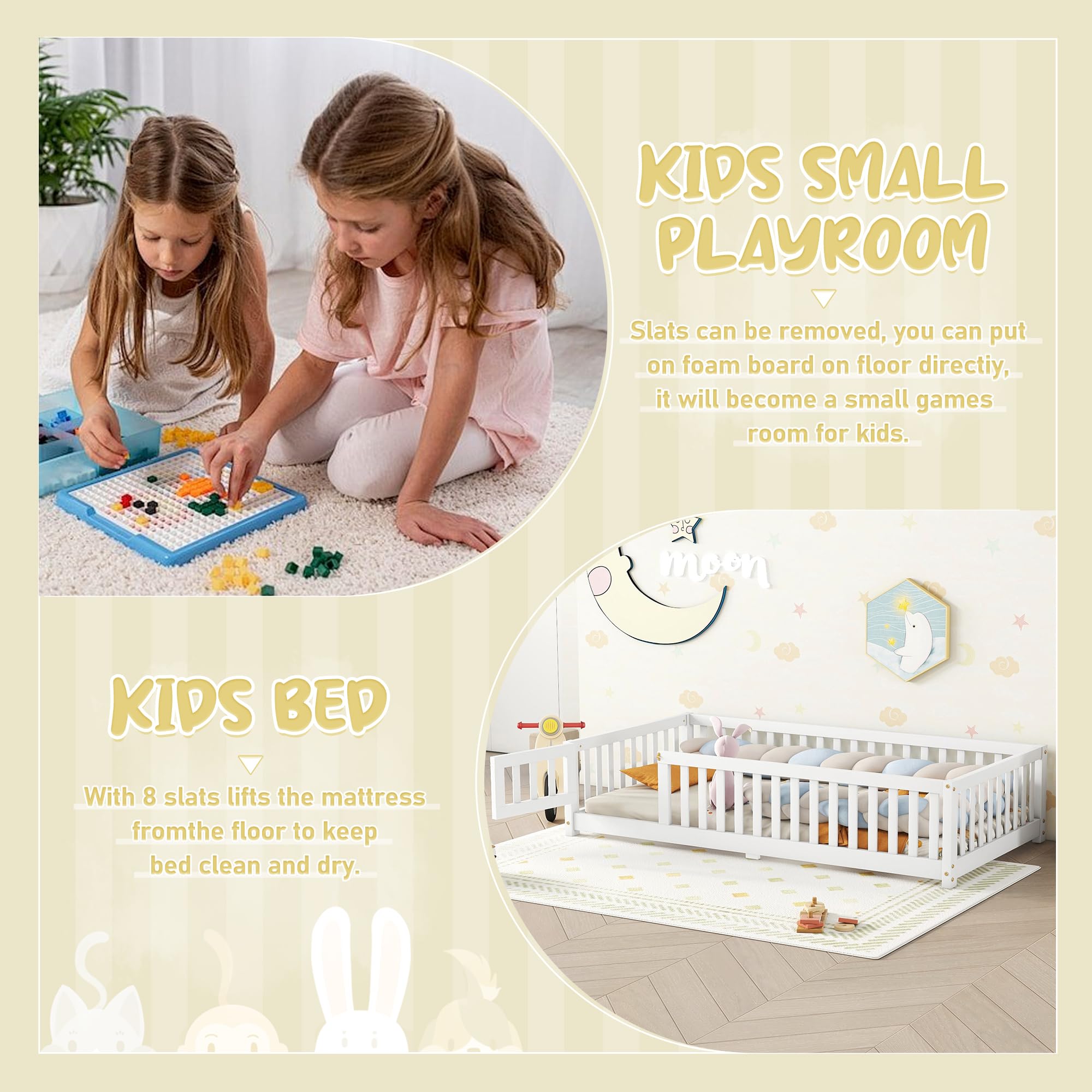 **Montessori Twin Size Floor Bed for Kids & Toddlers - Sturdy Solid Wood Frame with Safety Fence & Convertible Door - Playhouse Design for Bedroom, Nursery, or Playroom - White Twin Bed**