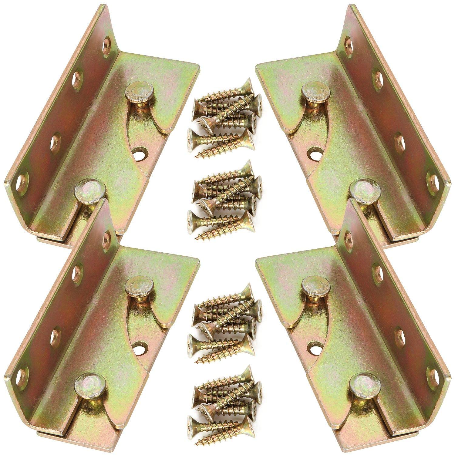 Heavy Duty No-Mortise Bed Rail Brackets Set of 4 - Steel Gold Brackets & Plates with Screws for Wooden Bed Frames, Rails, Headboards & Footboards - Perfect for Bed Frame Assembly, Repair and DIY Furniture Projects