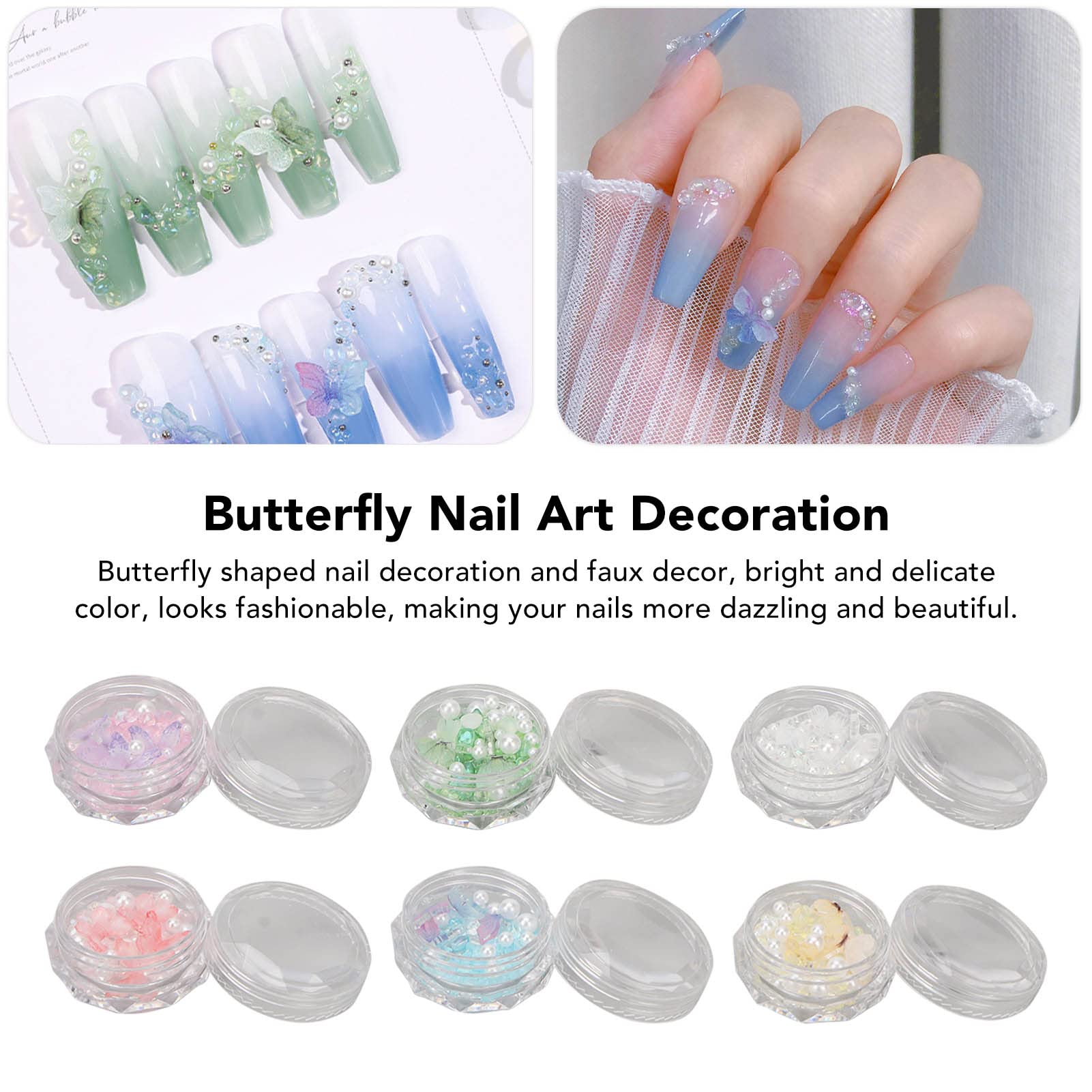 3D Resin Butterfly Nail Art Decorations Set - 6 Boxes of Exquisite Faux Pearl & Rhinestone Nail Decor for Wedding, Party & Special Occasion Nail Designs