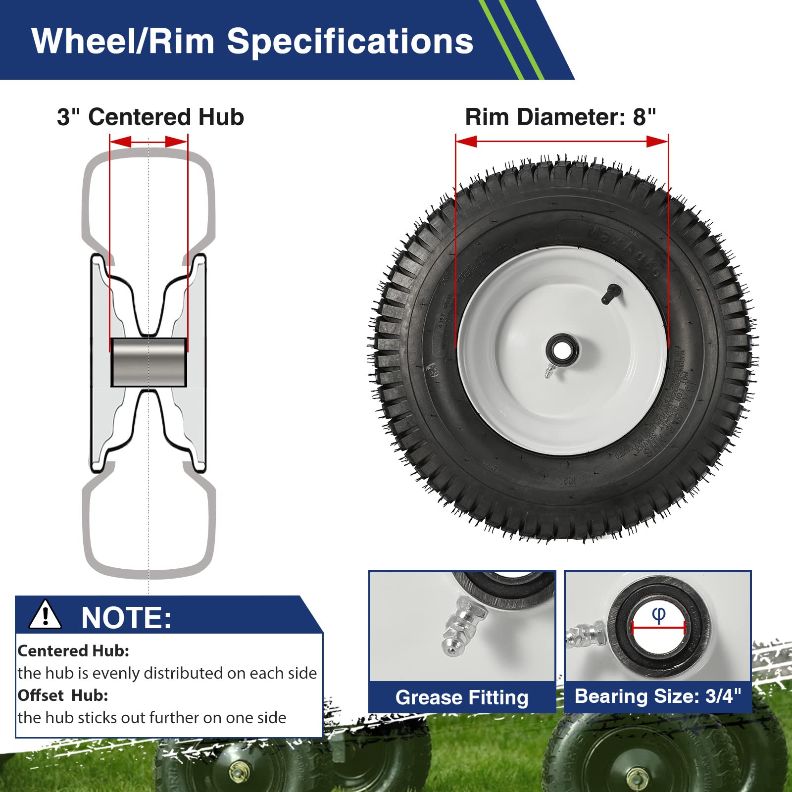 MaxAuto 16x6.50-8 Lawn Mower Tires with Rim - 3/4