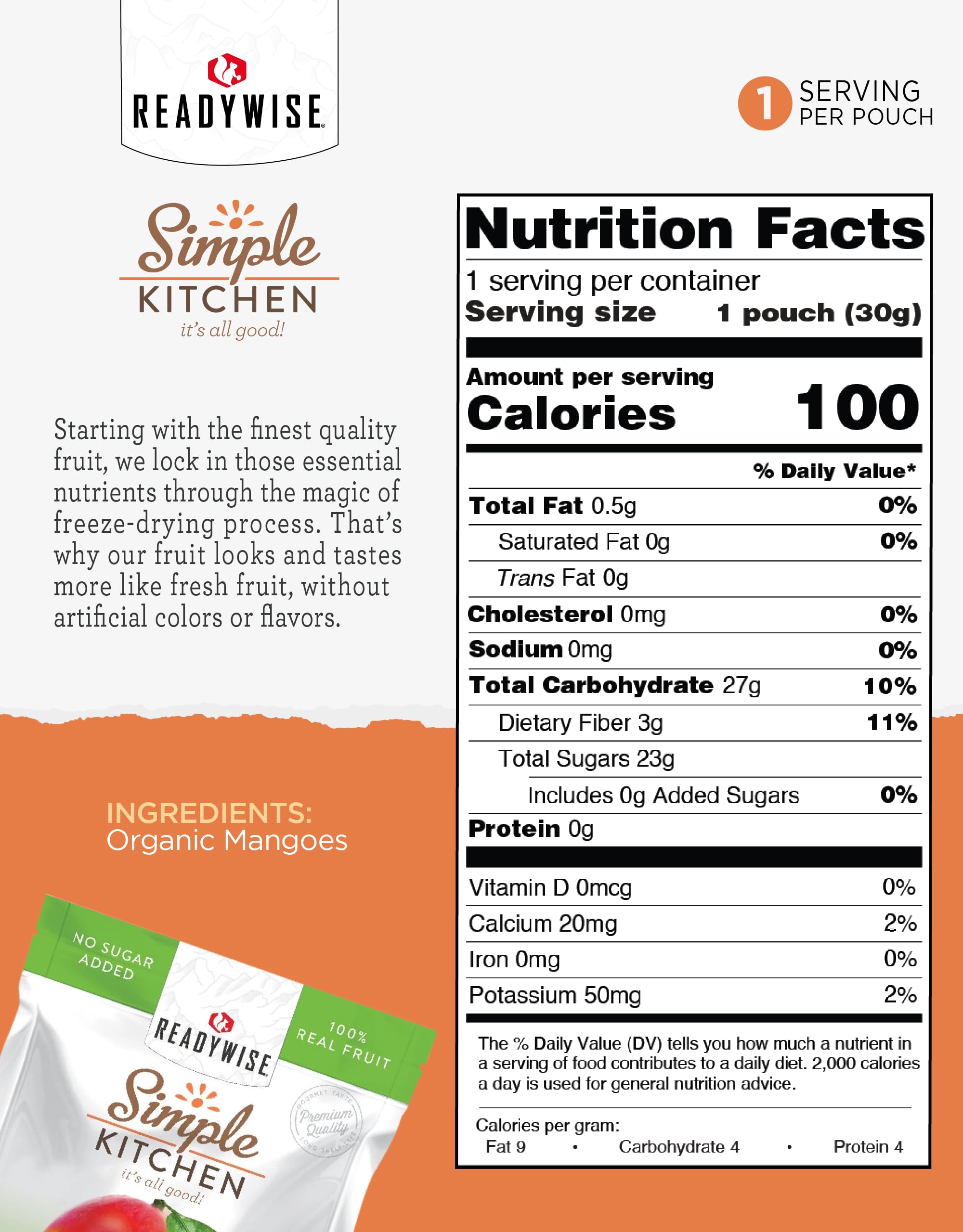 Organic Freeze-Dried Mango Snacks - READYWISE Simple Kitchen | Gluten-Free, Vegan, Non-GMO | 1-Pack Dried Fruit for Pre-Workout, Healthy Eating, Camping, Backpacking & Emergency Survival Food | Perfect for Outdoor Adventures, Office Snacks & Kids Lunchboxes