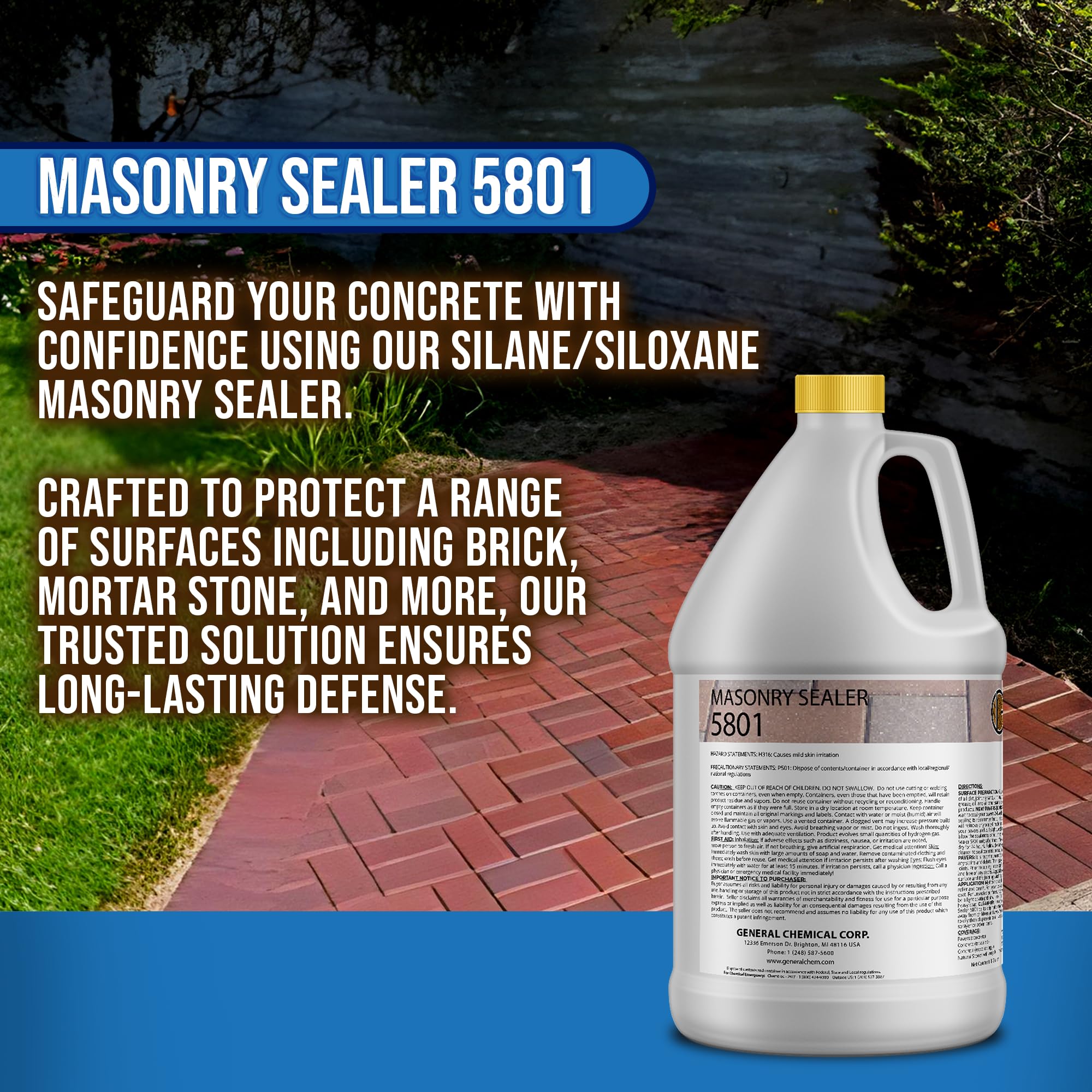 DeckGeneral Masonry Sealer 5801 - Clear Silane Siloxane Waterproof Concrete Sealant for Stone, Brick & Mortar - Protects Driveways, Sidewalks, Patios & Outdoor Surfaces from Weather Damage (1 Gallon) - Ideal for DIY Home Improvement & Commercial Use