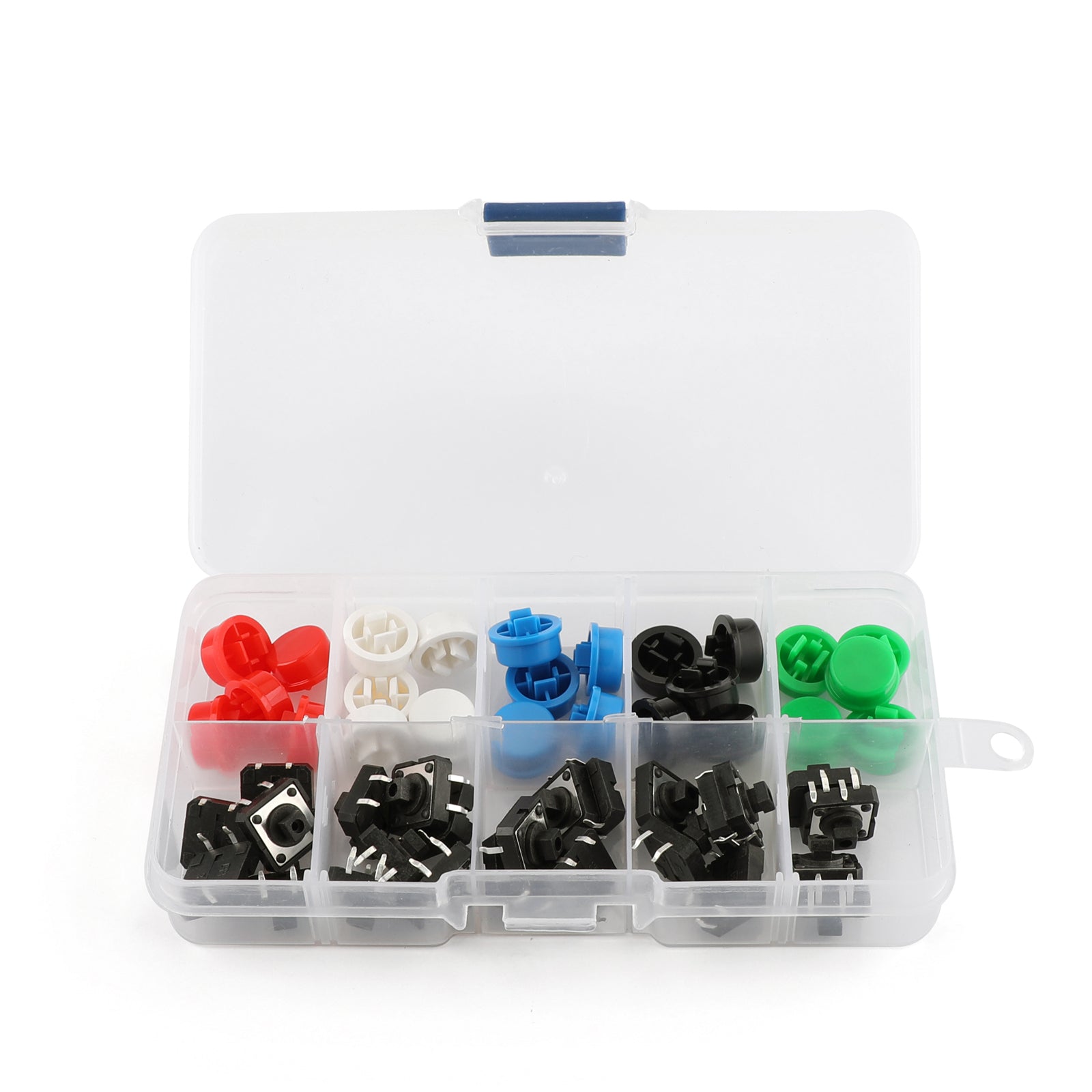 100 Pairs Tactile Switches with Round Button Caps - 12x12x7.3mm Micro Switch Kit in 5 Colors for DIY Electronics, Keyboard Repair & Arcade Button Replacement