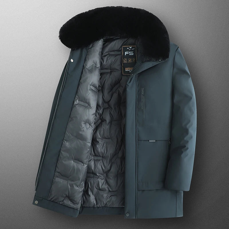 Men's Winter Parka Coat with Fleece Lining & Fur Collar - Thick Warm 5XL Plush Jacket for Autumn Outdoor Work & Cold Weather Protection