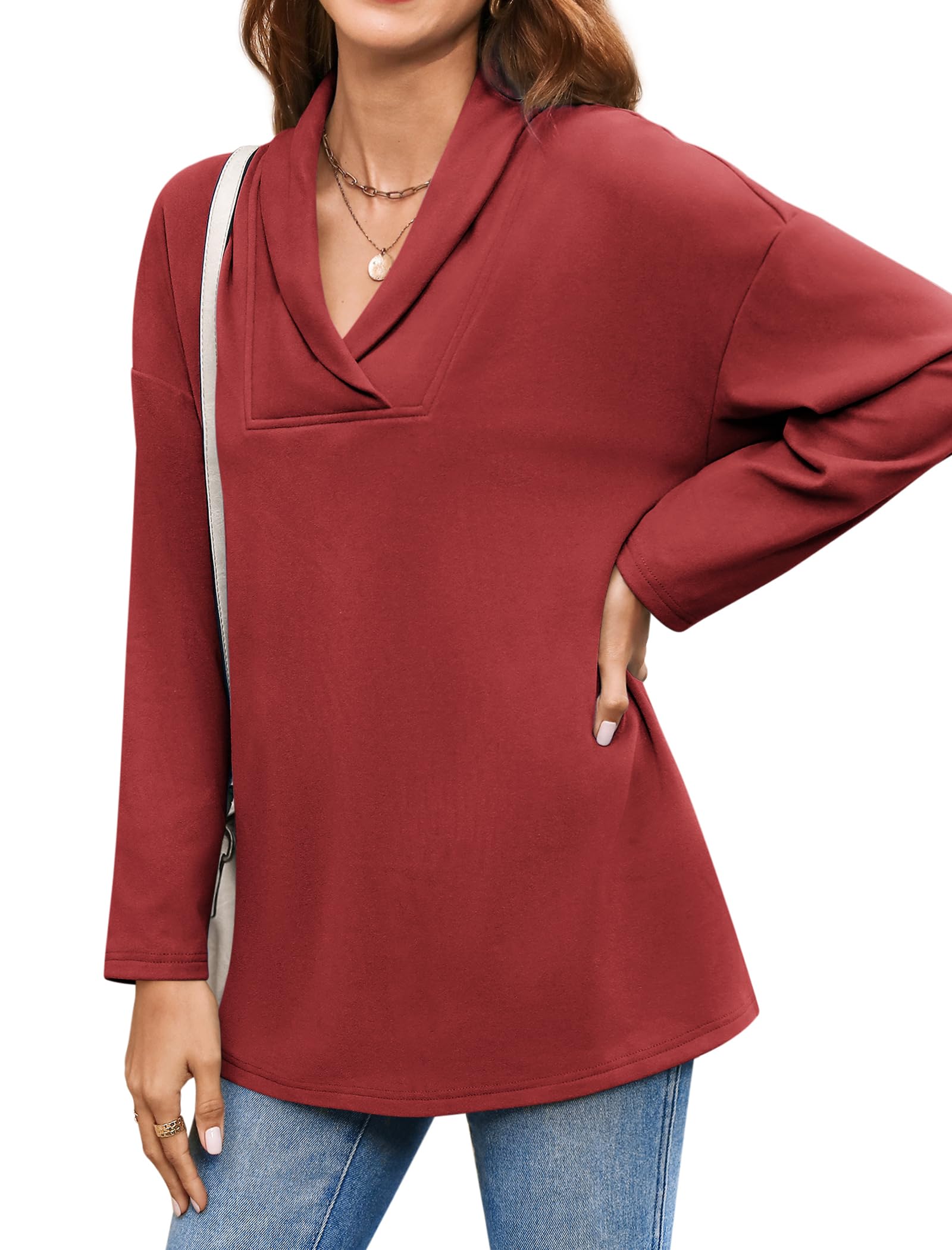 BZB Women's Polo Shirts - Shawl Neck Long Sleeve Tunic Tops for Leggings | Casual Workwear & Yoga Outfits
