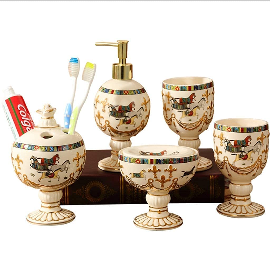 Premium Ceramic Bathroom Accessory Set - Includes Refillable Soap Dispenser, Toothbrush Holder, Tumbler & Rinsing Cup - Elegant Vanity Countertop Organizer for Modern Bathrooms - Perfect for Home, Hotel, and Spa Decor