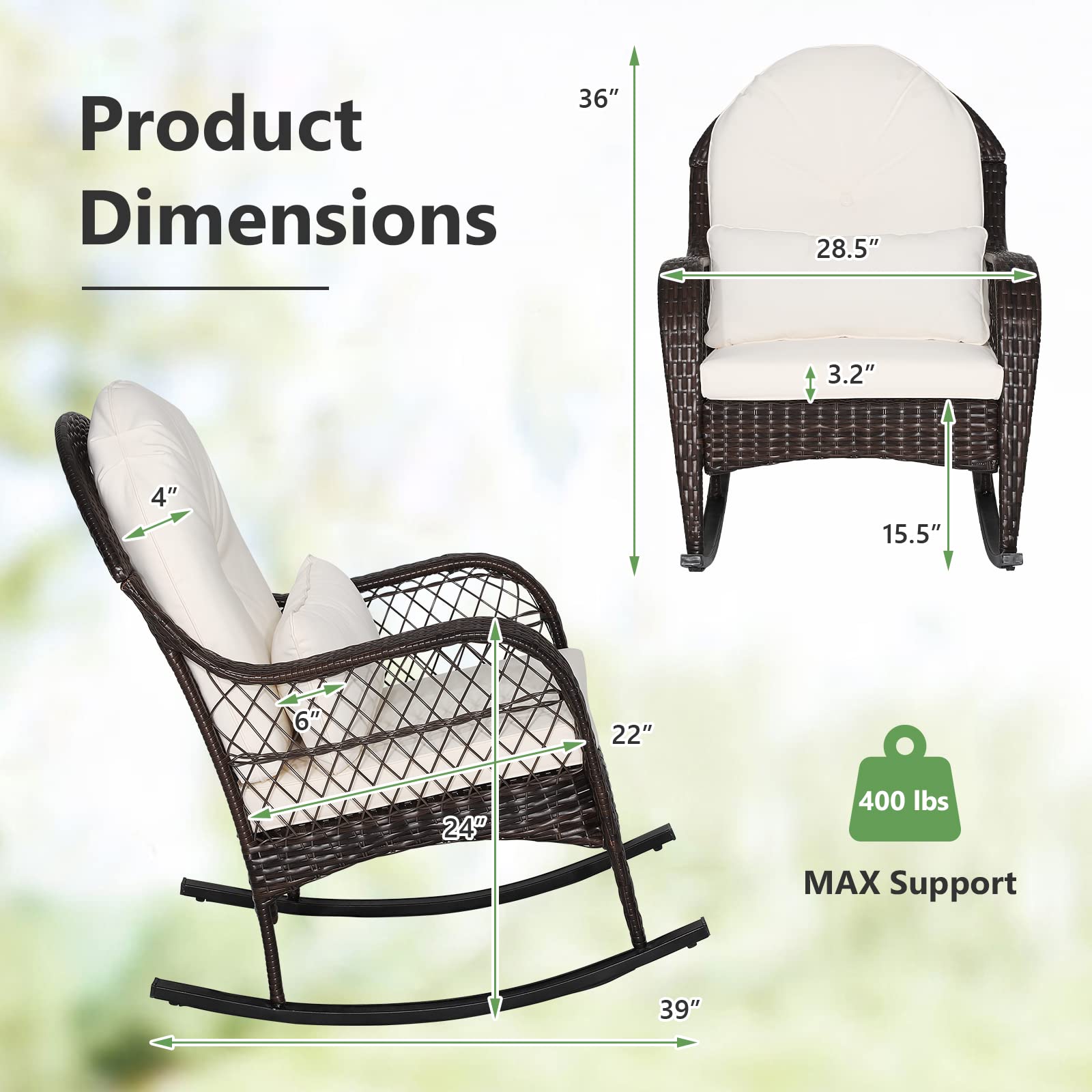 Tangkula Outdoor Wicker Rocking Chair with Cushions - Patio Rattan Rocker with Seat Back & Waist Pillow, Sturdy Metal Frame, Mix Brown Color - Perfect for Balcony, Porch, Backyard, Garden Relaxation (1, Off White)