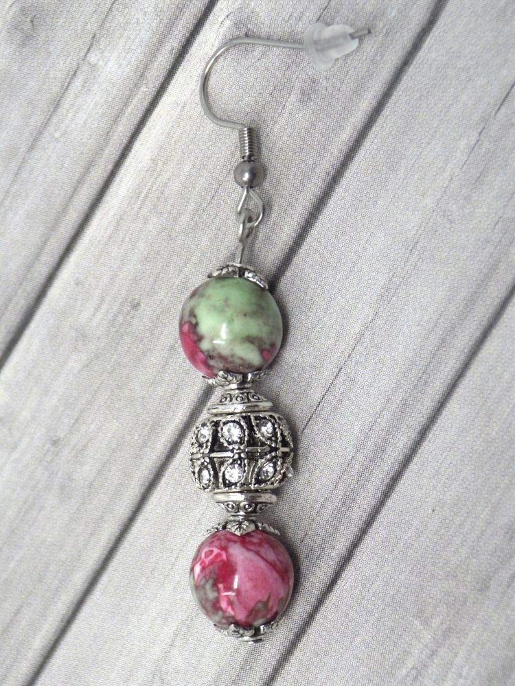 Elegant Stainless Steel Earrings with Reconstituted Jade Beads - Green & Red with Crystal Accents | Perfect for Casual Wear, Parties & Gift Giving