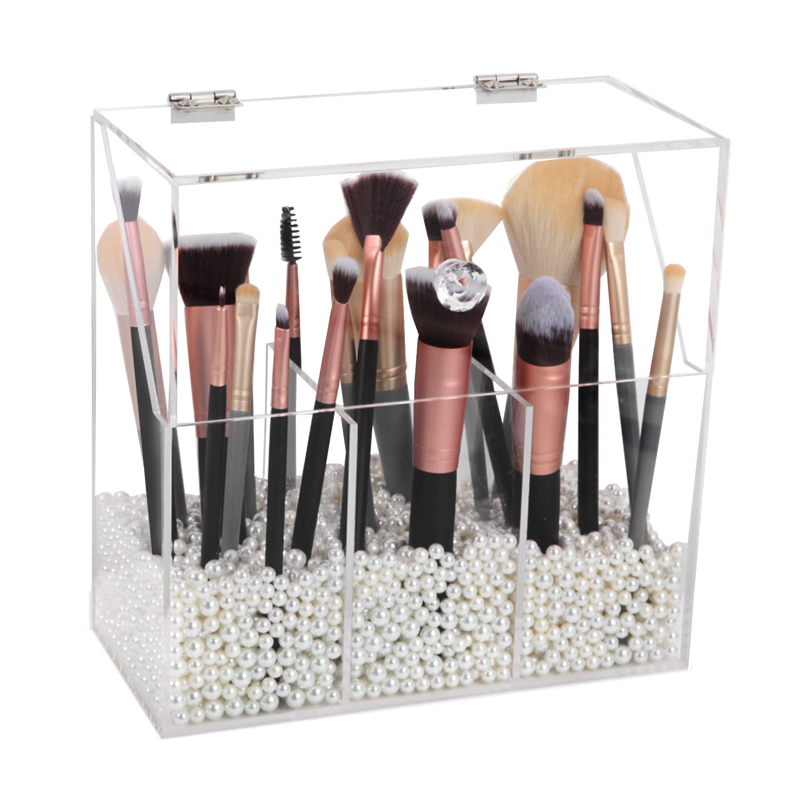 Clear Acrylic Makeup Brush Holder with 3 Compartments & Dust Cover - Large Capacity Cosmetic Organizer for Vanity Desk | Perfect for Makeup Artists & Beauty Enthusiasts