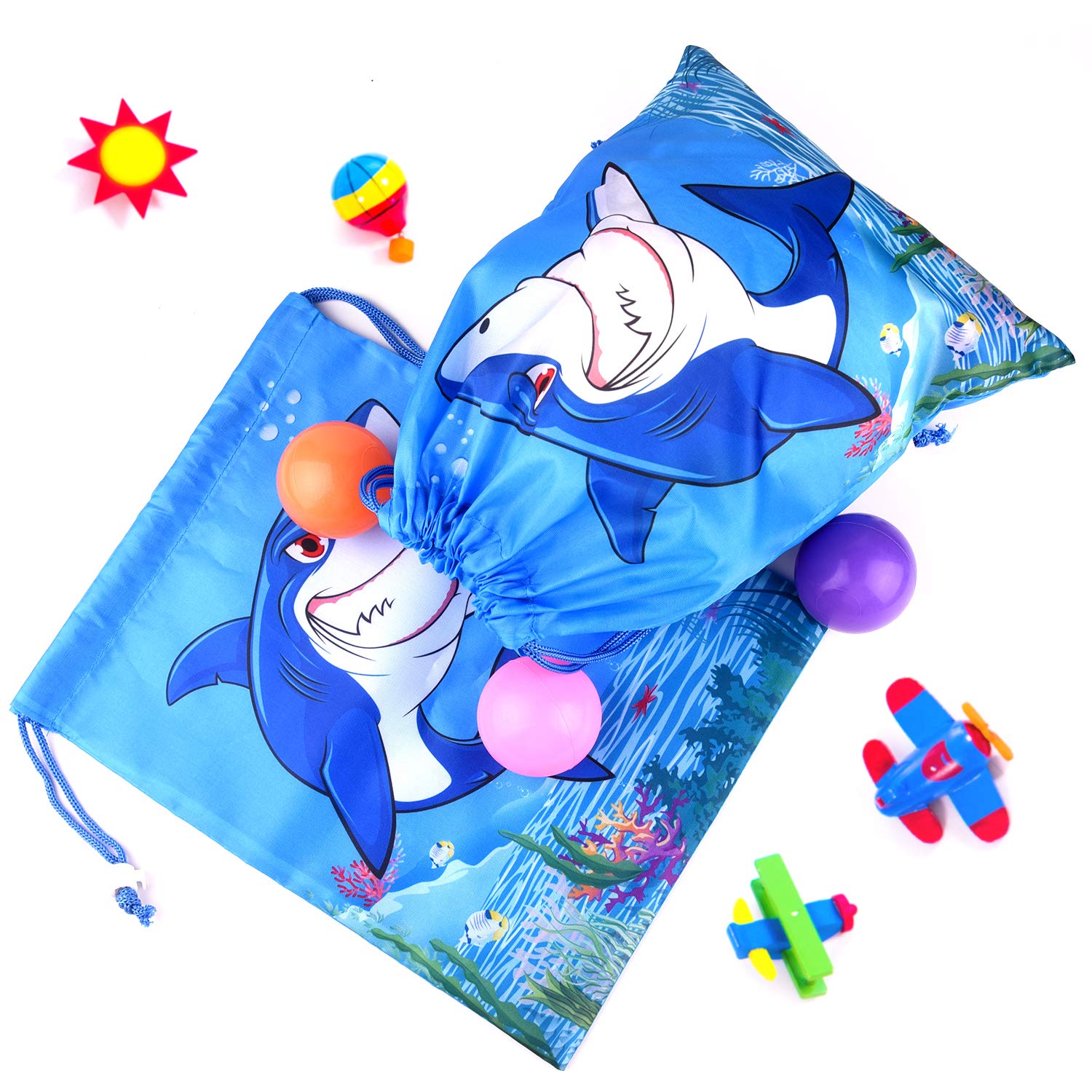 FEPITO 12 Pack Shark Party Favor Bags - Bulk Drawstring Goodie Bags for Baby Shower, Birthday & Themed Parties - Perfect for Treats, Gifts & Party Supplies