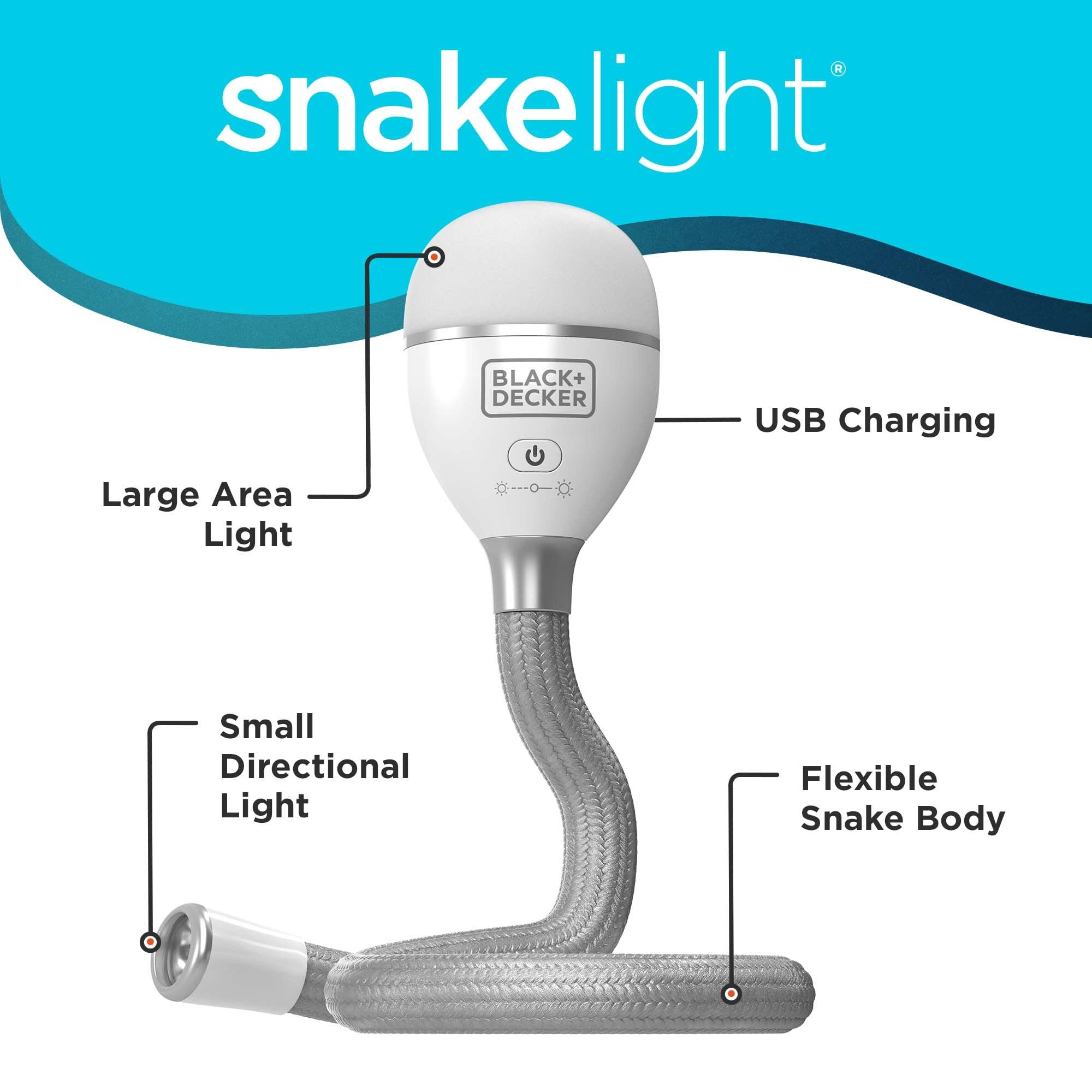 BLACK+DECKER Flexible Rechargeable Snake Light - Adjustable Desk Lamp for Reading, Studying & Working - 2 Brightness Settings (BDCFSL01) - Perfect for Home Office, Dorm Room & Nightstand Lighting