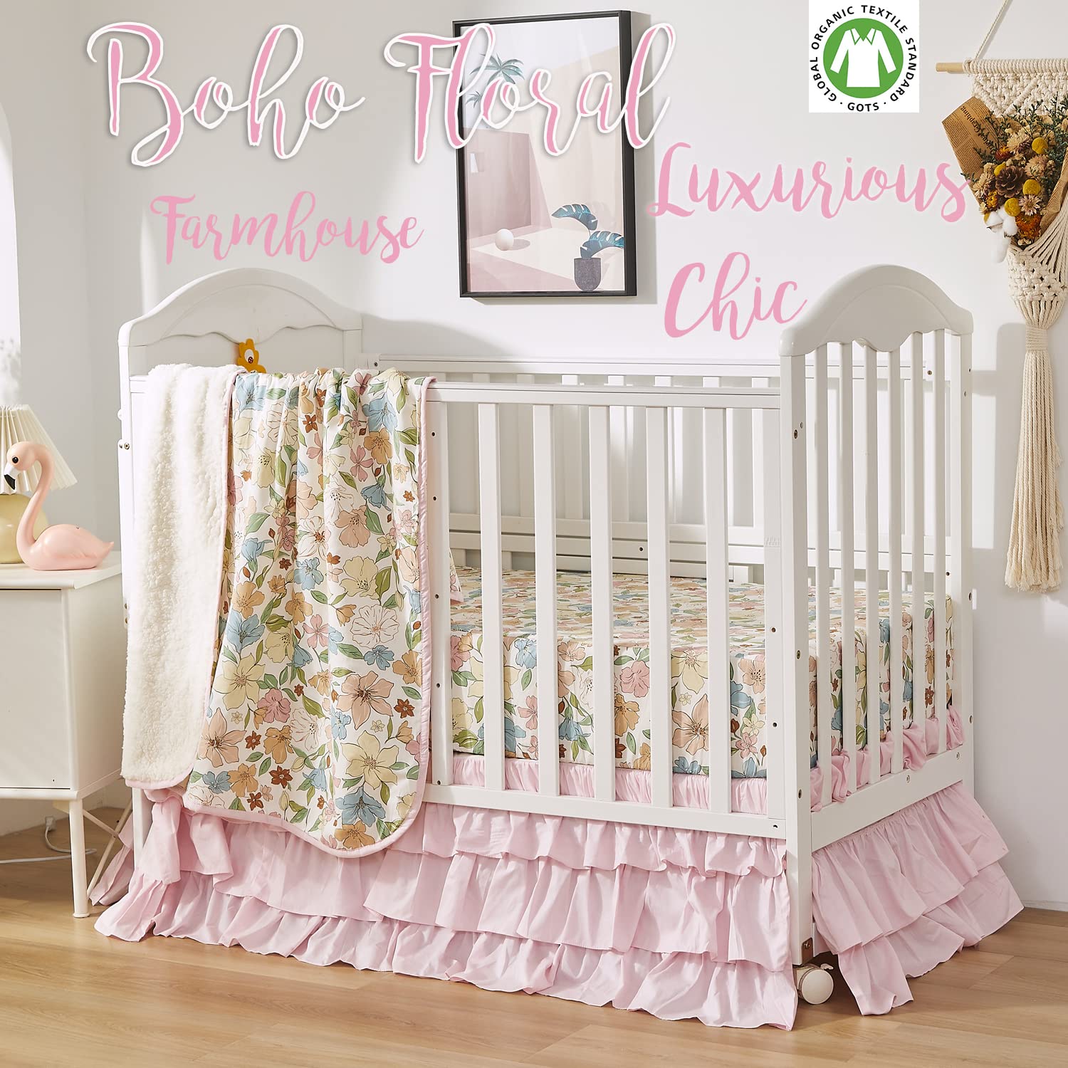 Brandream 3-Piece Floral Baby Crib Bedding Set for Girls - Soft Cotton Nursery Bedding with Enchanting Blossoms & Painterly Petals Design | Perfect for Newborn, Toddler Rooms & Baby Shower Gifts