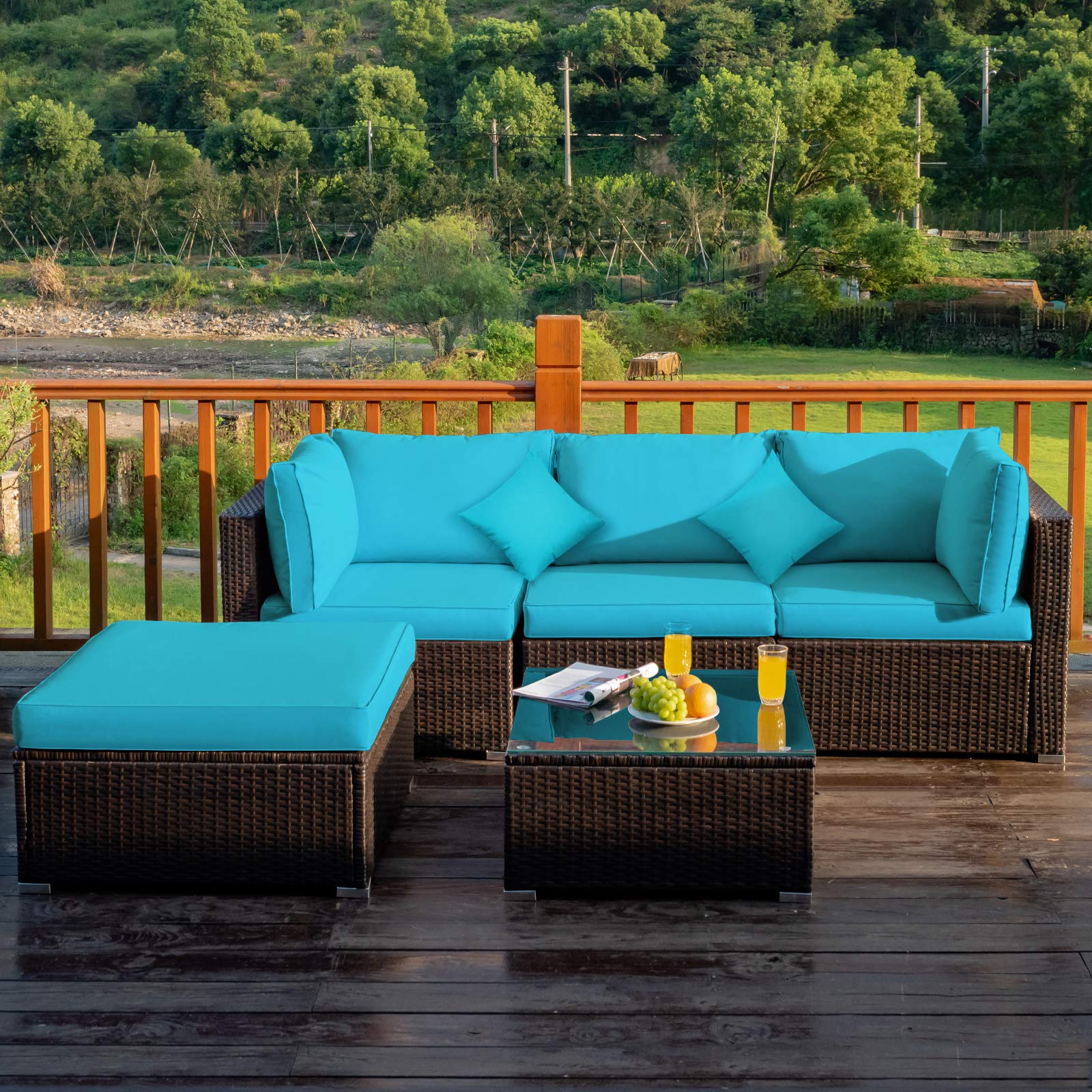 Tangkula 5-Piece Outdoor Patio Furniture Set - All-Weather Wicker Sectional Sofa with Cushions & Glass Table - Turquoise Rattan Conversation Set for Backyard, Porch, Poolside & Garden Relaxation