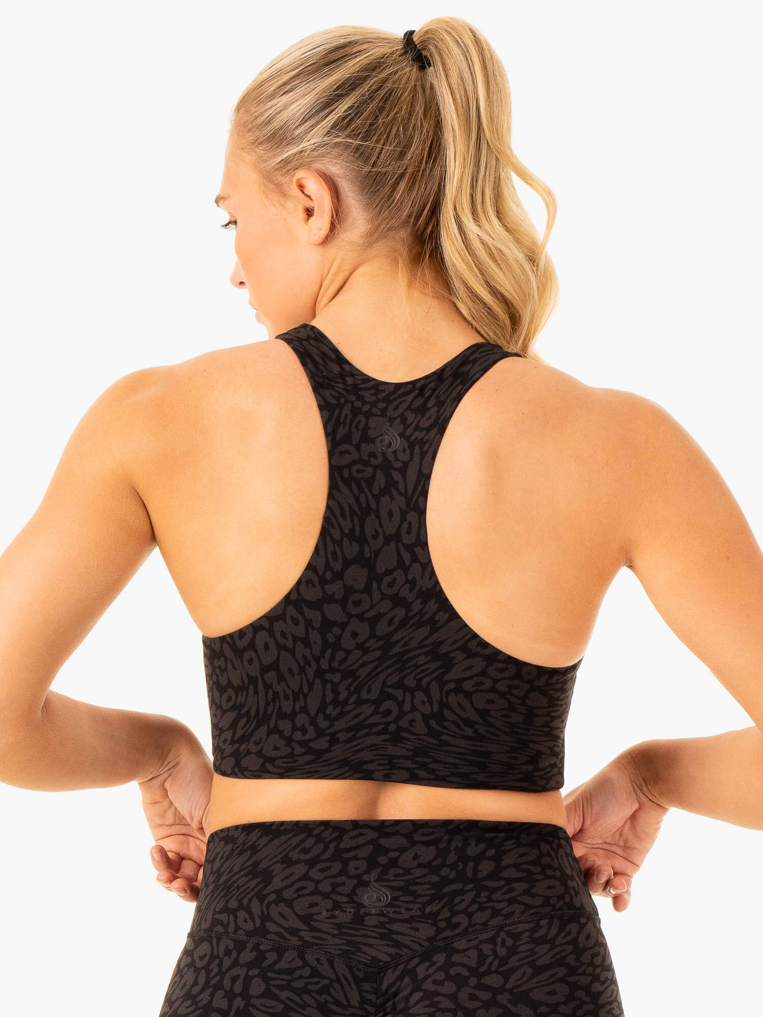 High-Performance Rotation Sports Bra - Black Leopard Print for Yoga, Running & Gym Workouts | Moisture-Wicking & Supportive Activewear