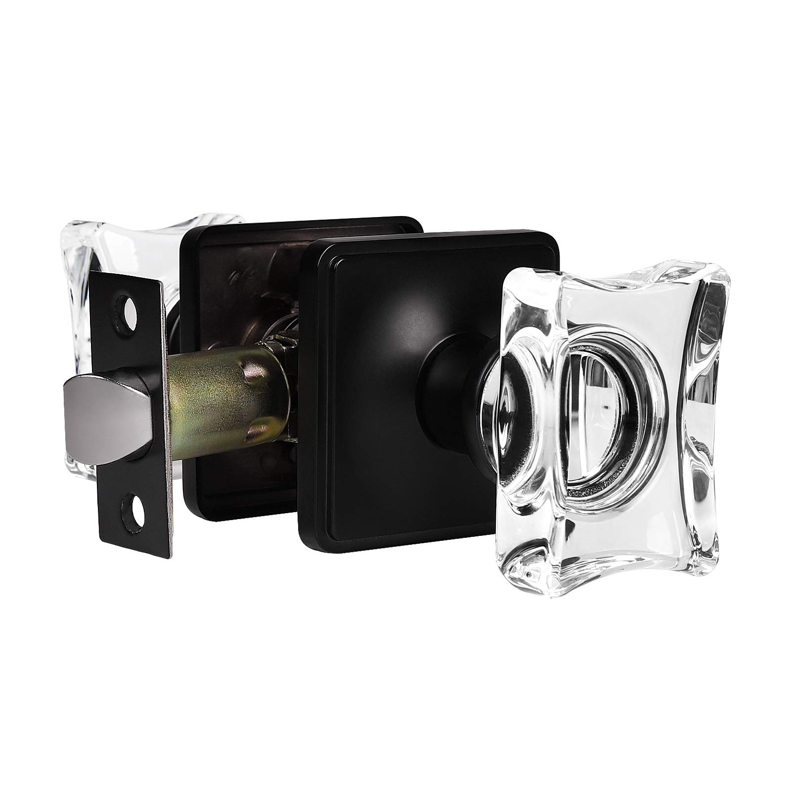 (1 Pack) Black Square Crystal Glass Door Knob Set - Keyless Passage Function for Hall & Closet - Modern Diamond Design Interior Door Hardware - Perfect for Bedrooms, Bathrooms & Office Doors