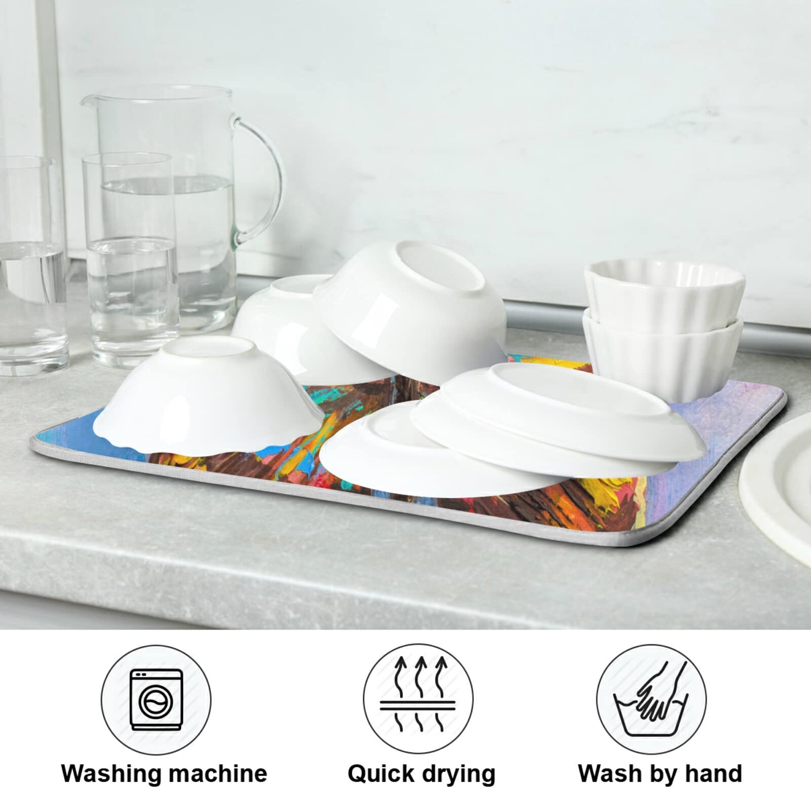 Butterfly Painting Dish Drying Mat - Absorbent Fast Dry Kitchen Countertop Pad, Non-Slip Dish Drainer Rack Mat - Perfect for Drying Dishes, Utensils & Cookware After Washing