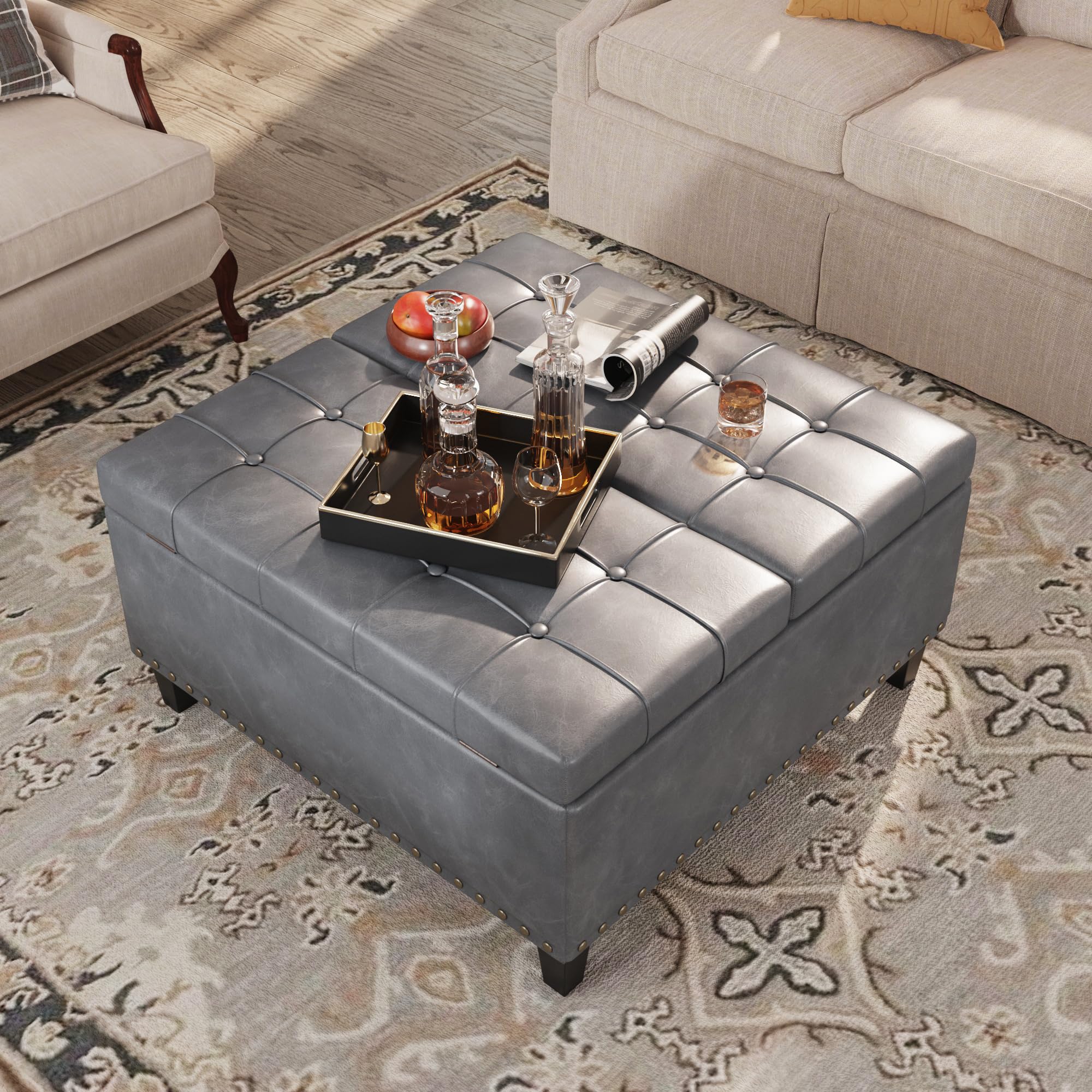 Tufted Square Ottoman Coffee Table with Storage - Leather Upholstered Cube Storage Ottoman Footrest Stool for Living Room & Bedroom - Grey - Perfect as Toy Box, Extra Seating & Stylish Home Decor