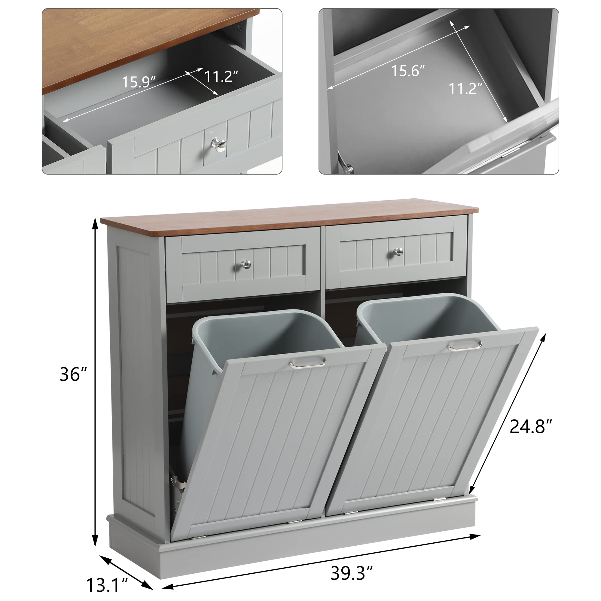 KIGOTY Double Tilt Out Trash Cabinet - Pet Proof Kitchen Trash Can with Countertop & Storage Drawer - Wooden Laundry Hamper Organizer for Kitchen, Bathroom, Laundry Room - Grey (Perfect for Small Spaces & Pet Owners)