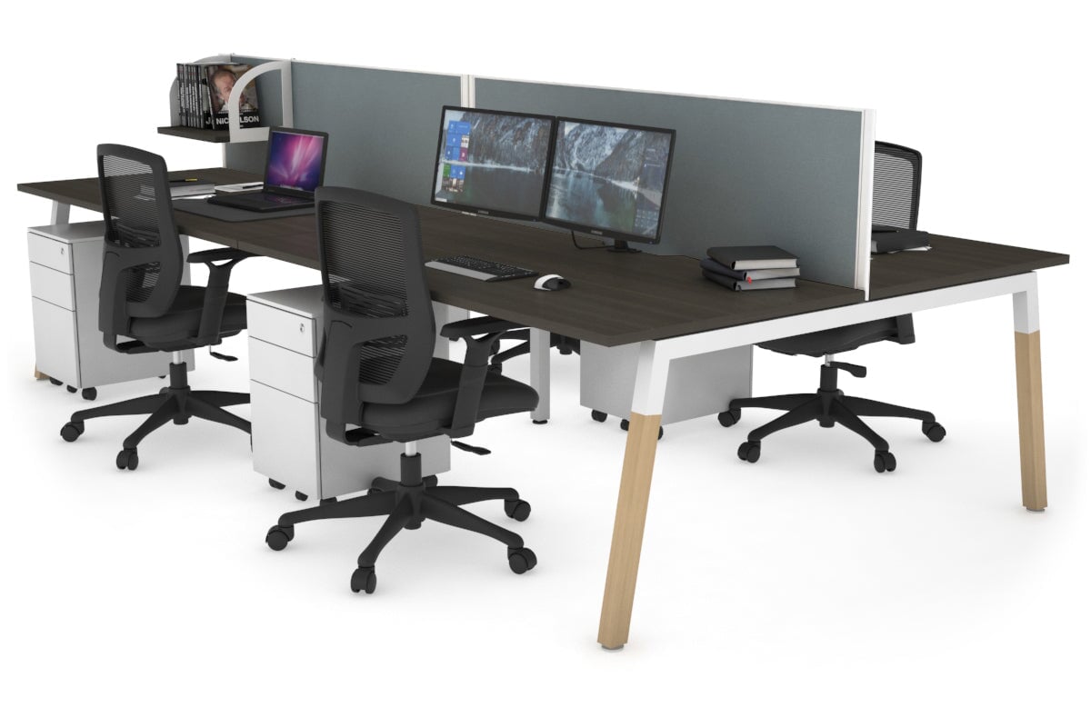 Quadro A Legs 4-Person Office Workstation with Wood Legs & Cross Beam - 1800L x 800W Dimensions with Cable Management Scallop - Perfect for Collaborative Workspaces & Modern Office Desks