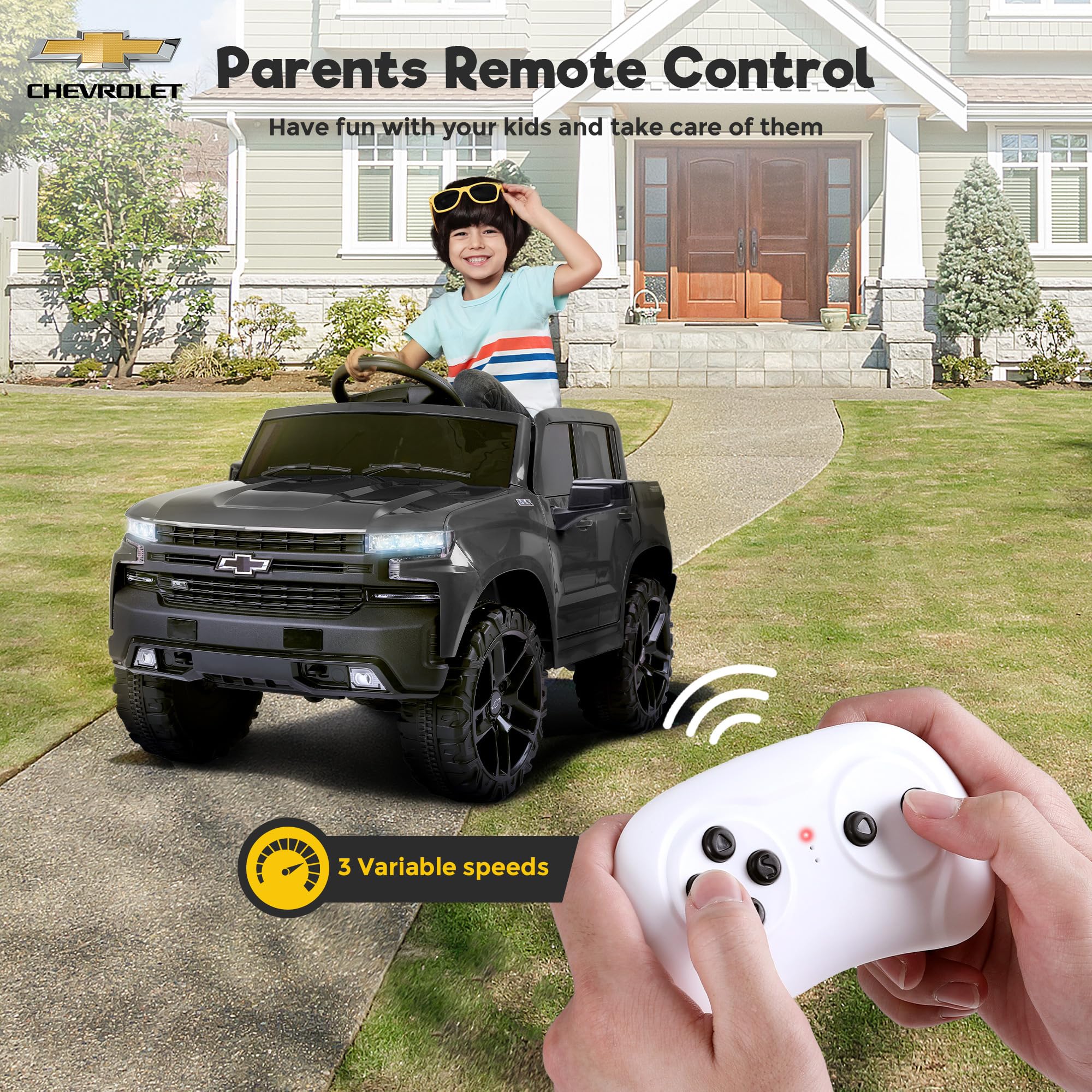 Licensed Chevrolet Kids Electric Ride-On Truck - 12V Battery-Powered Toy Car with LED Lights, MP3 Player & Storage - Black | Outdoor Play, Birthday Gifts for Boys & Girls Ages 3-8