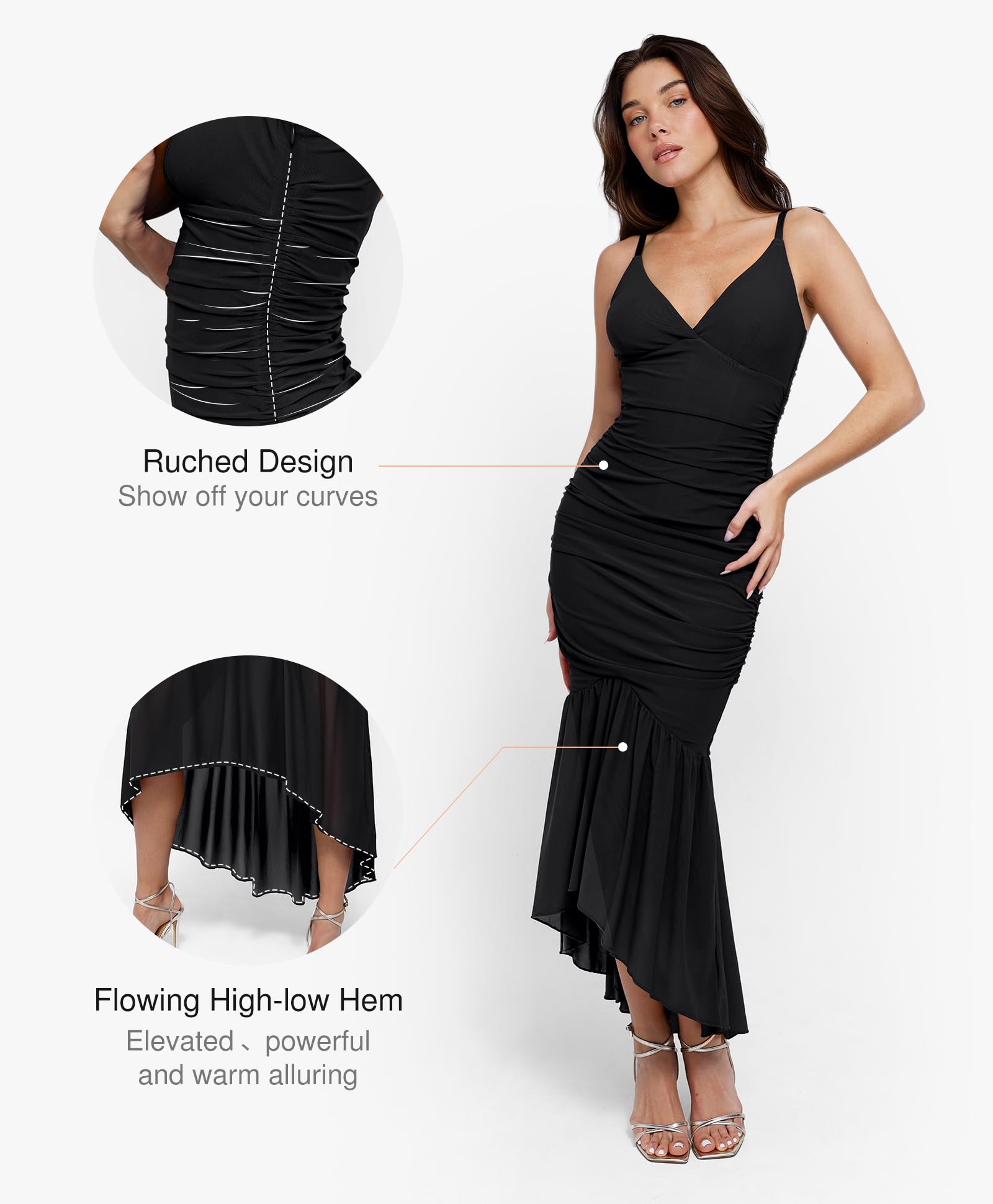 Popilush Corset Dress with Built-in Shapewear | Women's Bodycon Cocktail Dress | Deep V Neck Mesh Ruched Maxi Dress for Wedding Guest & Evening Party | Perfect for Formal Events, Date Night & Special Occasions