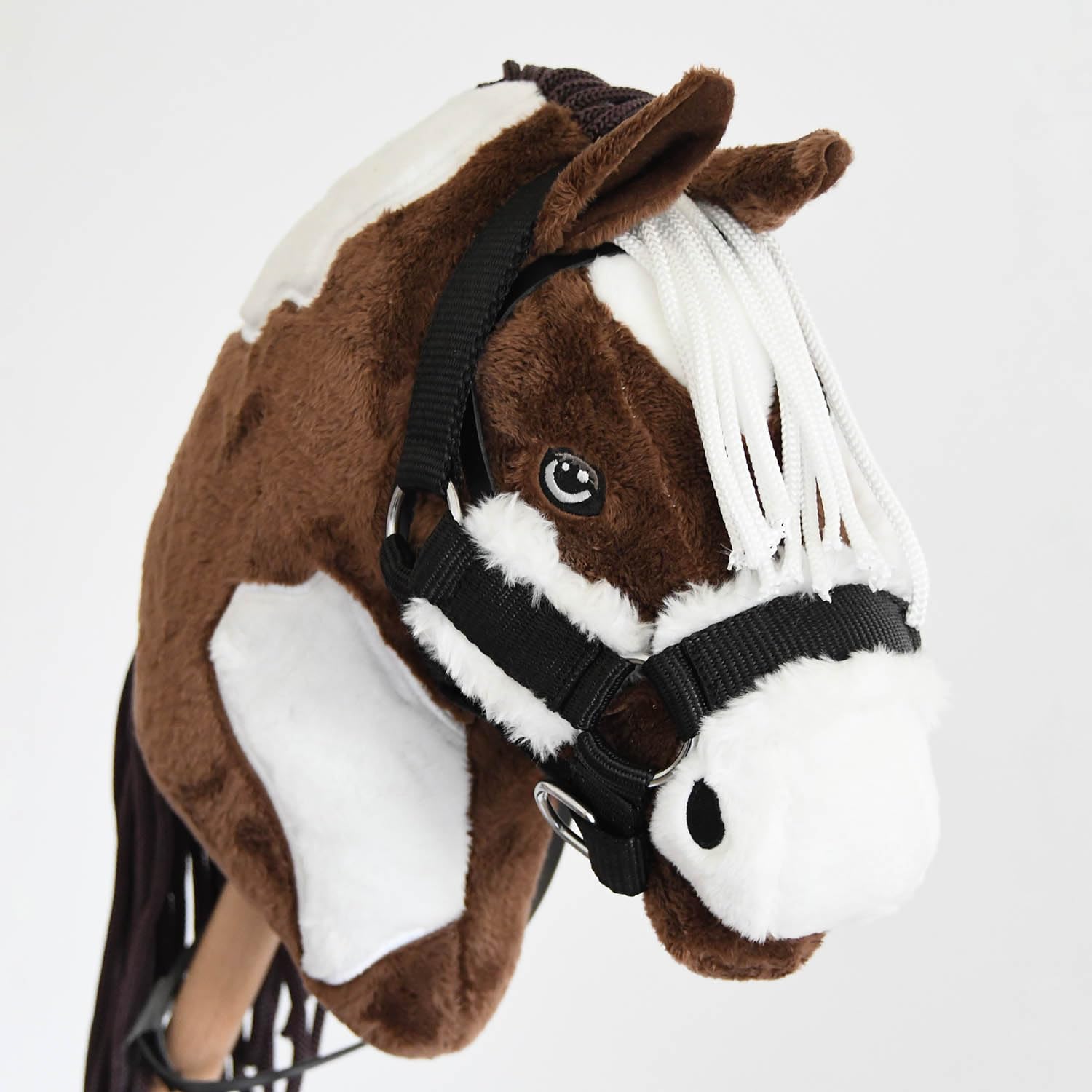 Mustang Stick Horse with Black Halter, Lunge Line & Rose Trim Bonnet - Realistic Hobby Horse Toy for Kids Pretend Play, Birthday Gifts, and Equestrian Training