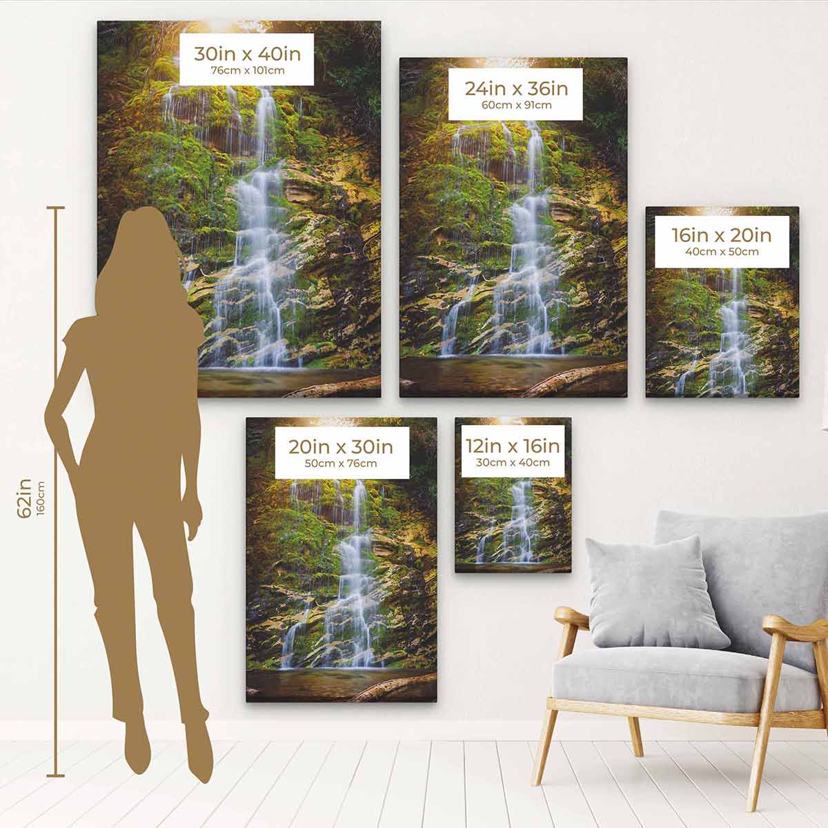 Brown Waterfall Wall Art Canvas Print - Nature Landscape Home Decor for Living Room, Bedroom & Office | 4156